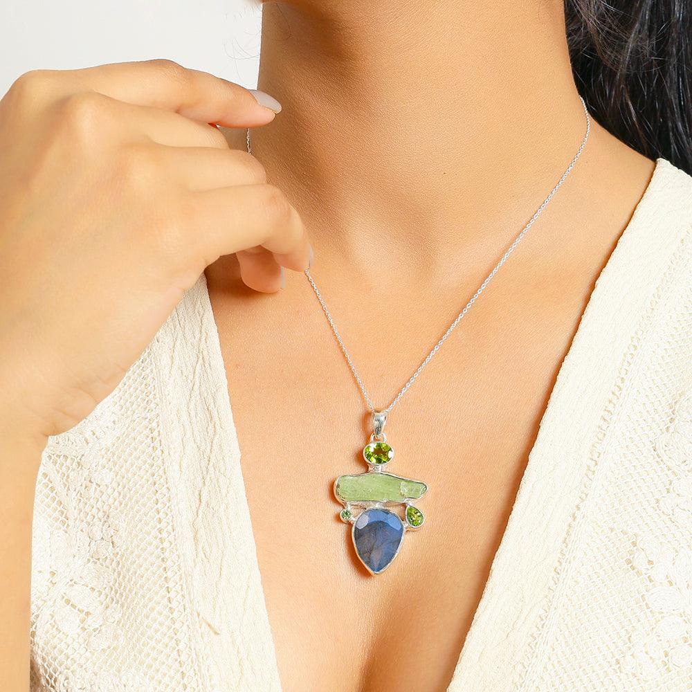 Labradorite Green Kyanite Solid 925 Sterling Silver Pendant Necklace - YoTreasure