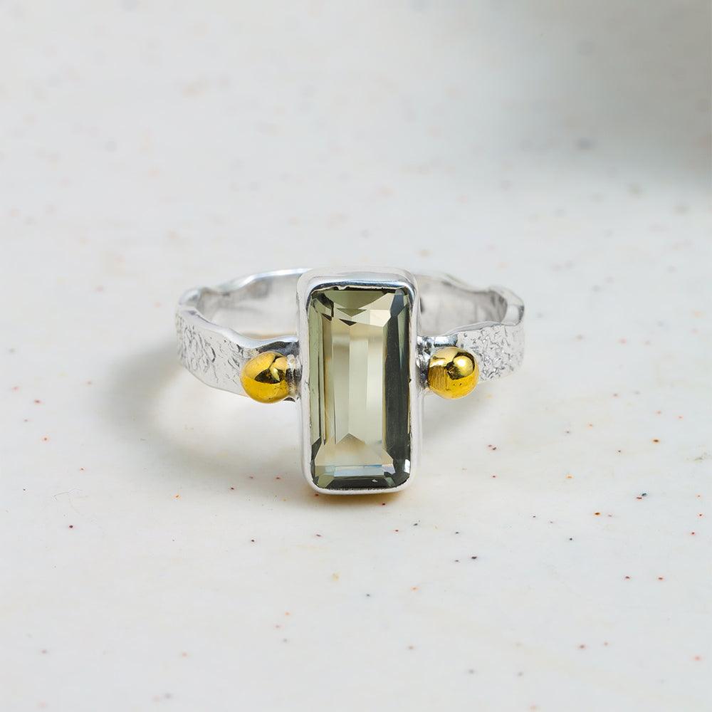 Green Amethyst Solid 925 Sterling Silver Bold Ring With Brass Accents - YoTreasure