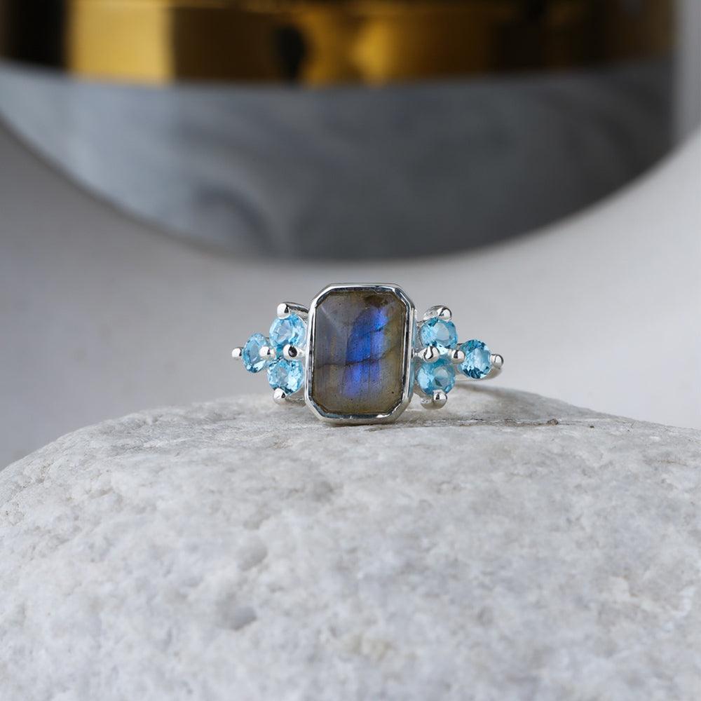 Labradorite Swiss Blue Topaz Solid 925 Sterling Silver Promise Ring - YoTreasure