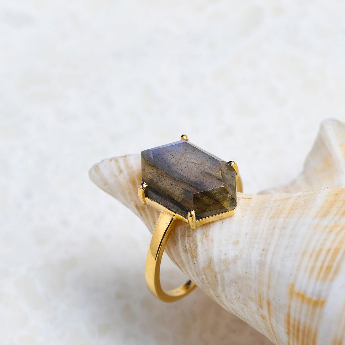 Labradorite Gold Over 925 Sterling Silver Bold Ring Jewelry - YoTreasure