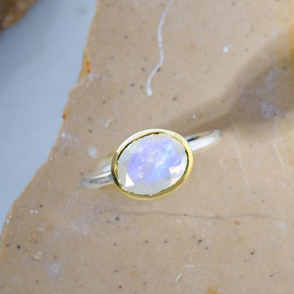 Rainbow Moonstone Solitaire Ring 14K Gold Plated Over 925 Silver Jewelry - YoTreasure