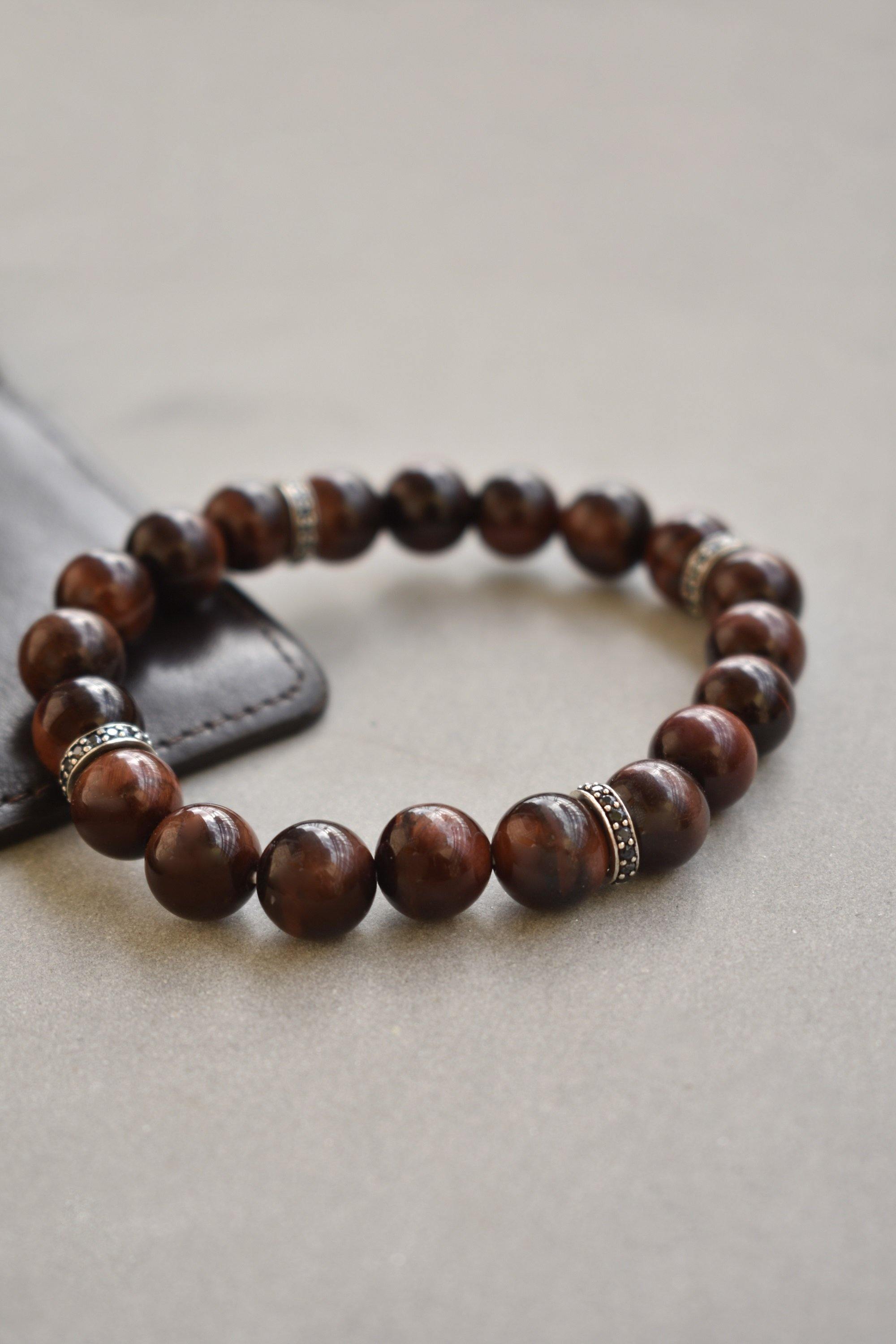 Red Tiger Eye Black Spinel 925 Sterling Silver Stretchable Beads Bracelet 7" For Men's Jewelry - YoTreasure