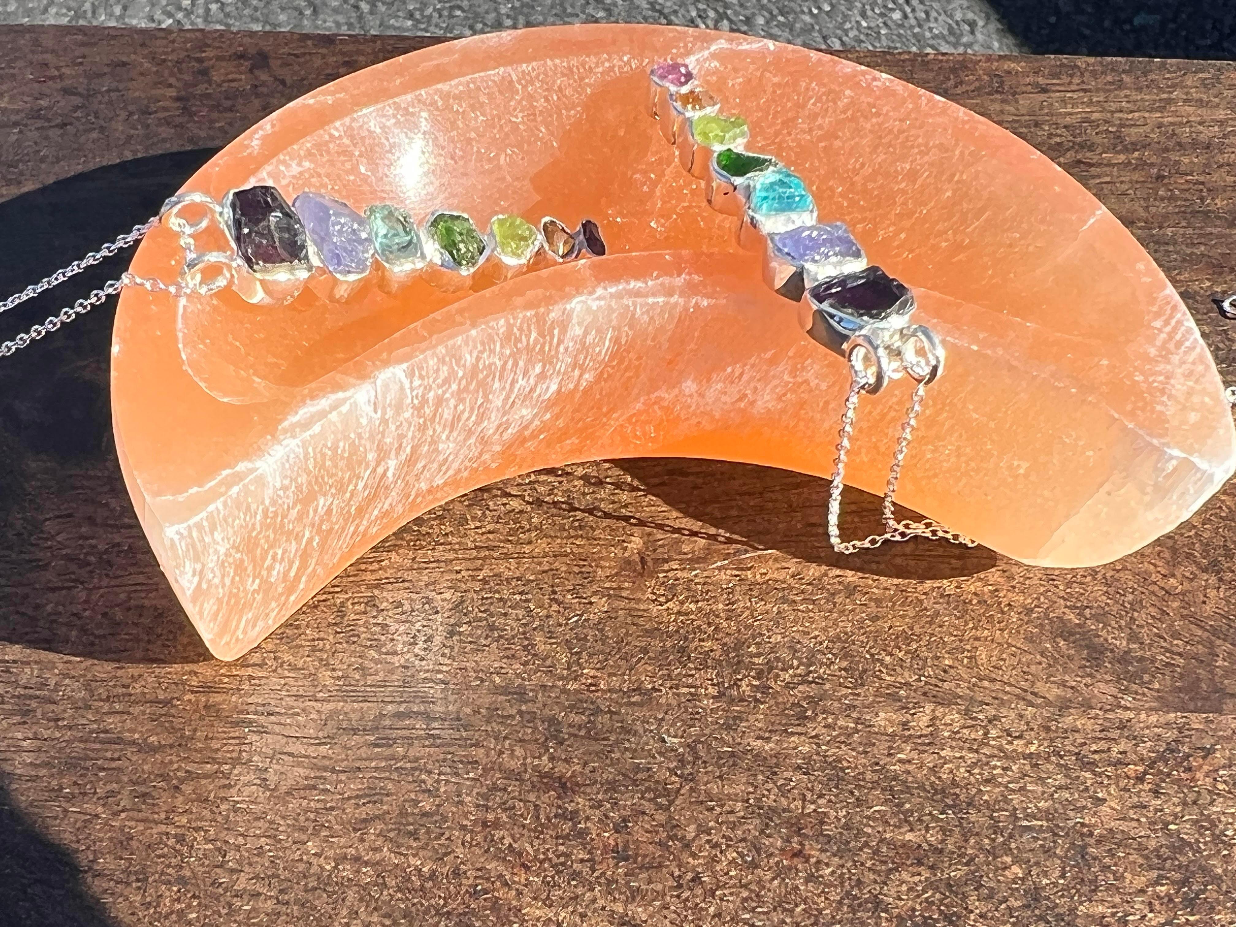 Healing Ability Crystal Bowls Natural Orange Moon Selenite With 7 Stone Chakra 925 Sterling Silver Chain Pendant - YoTreasure