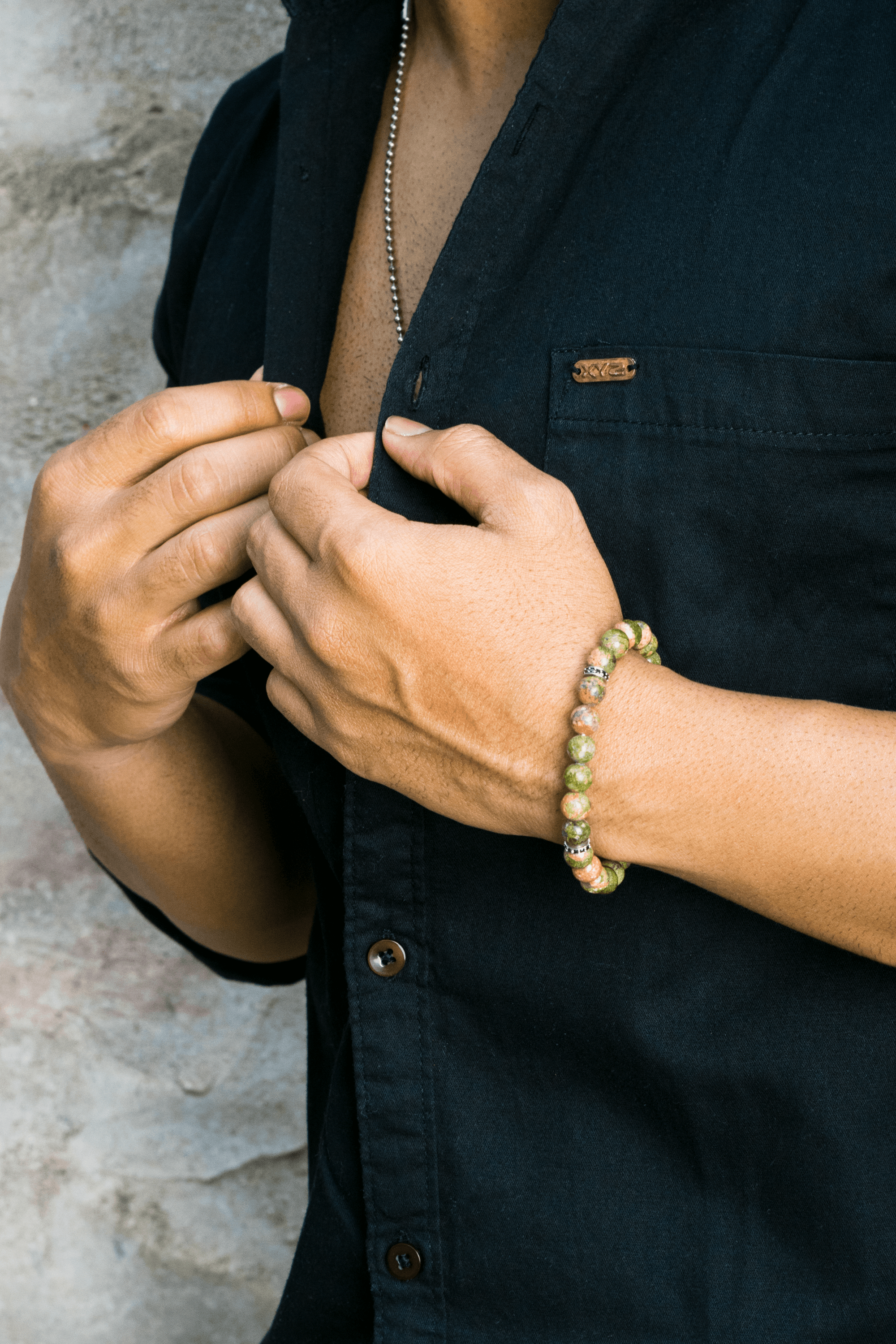 Unakite Black Spinel 925 Sterling Silver Stretchable Beads Bracelet 7" For Men's Jewelry - YoTreasure