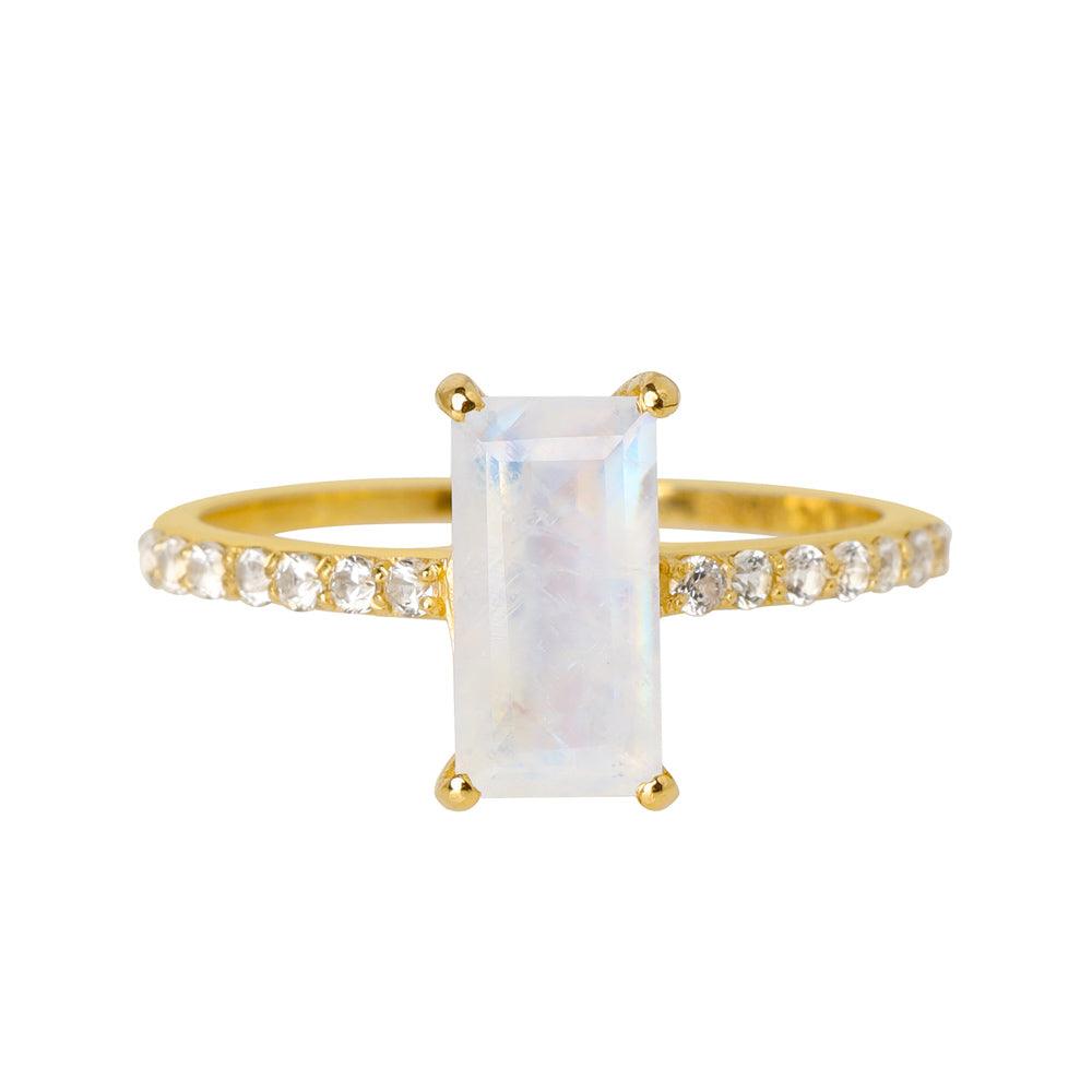 Rainbow Moonstone White Sapphire Solid 14K Yellow Gold Promise Ring Jewelry - YoTreasure