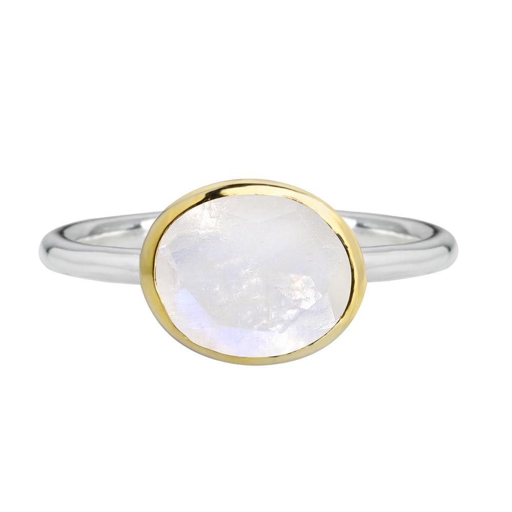 Rainbow Moonstone Solitaire Ring 14K Gold Plated Over 925 Silver Jewelry - YoTreasure