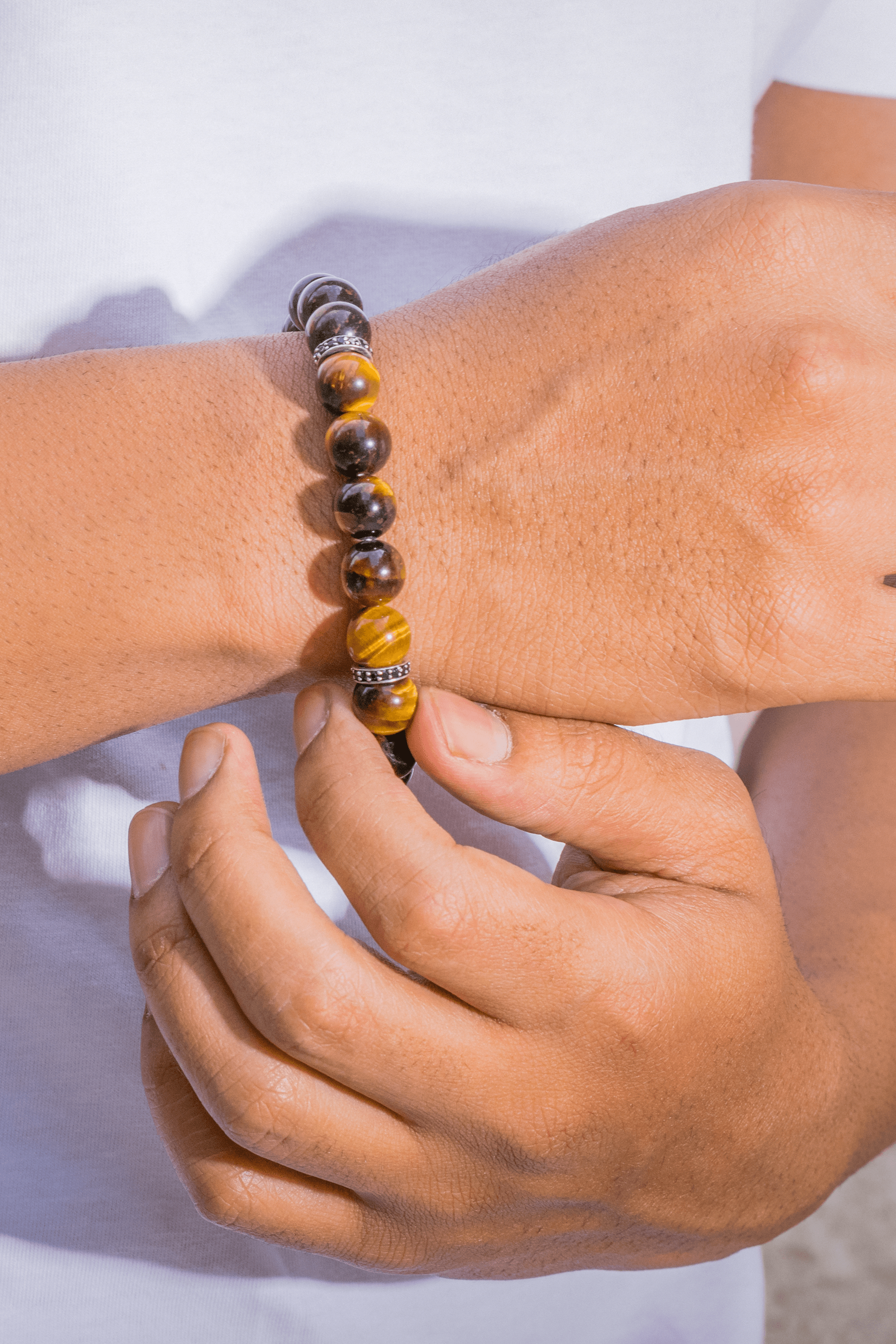 Tiger Eye Black Spinel 925 Sterling Silver Stretchable Beads Bracelet 7" For Men's Jewelry - YoTreasure