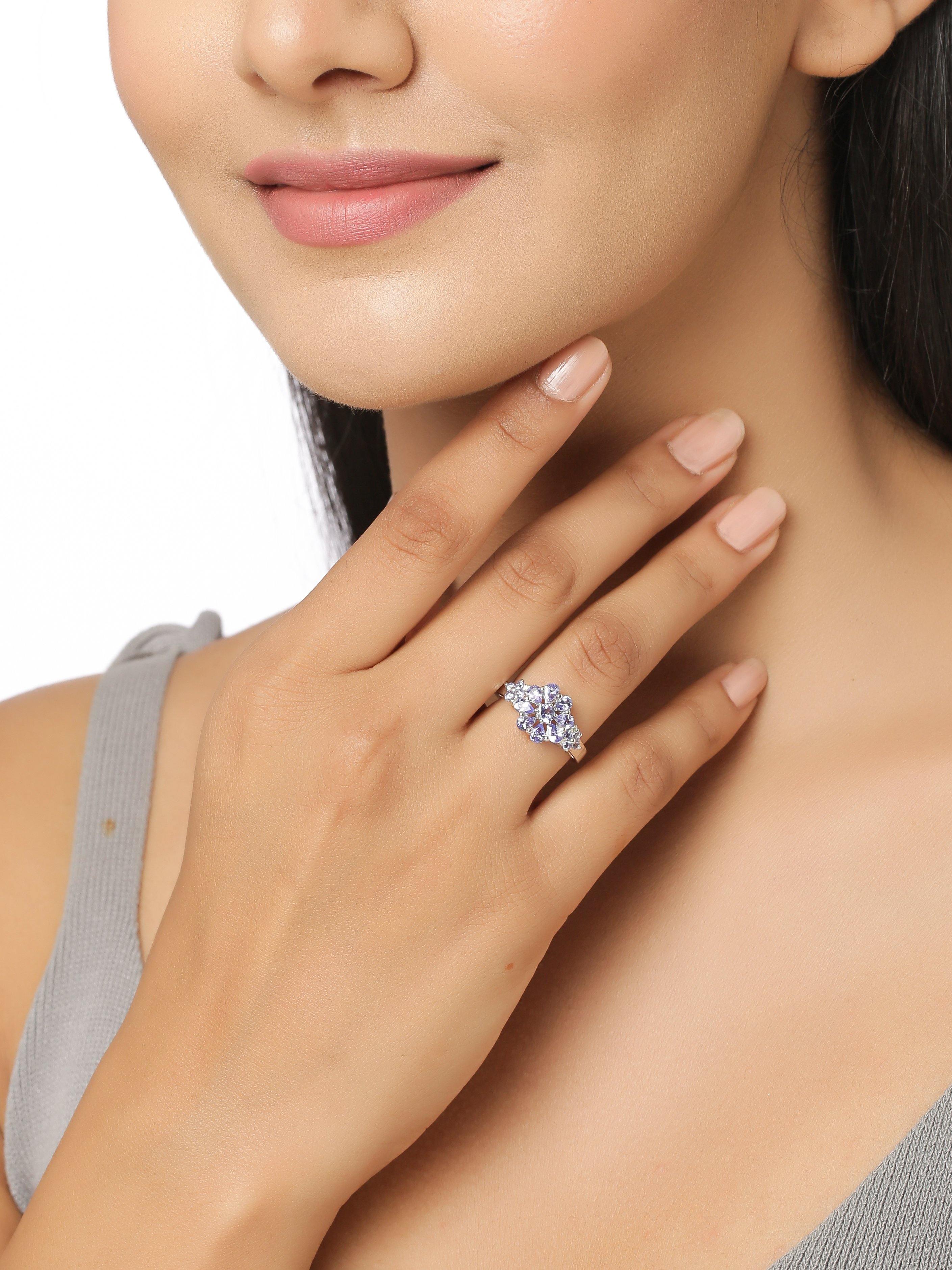 Blue Tanzanite Solid 925 Sterling Silver Flower Cluster Ring Jewelry - YoTreasure
