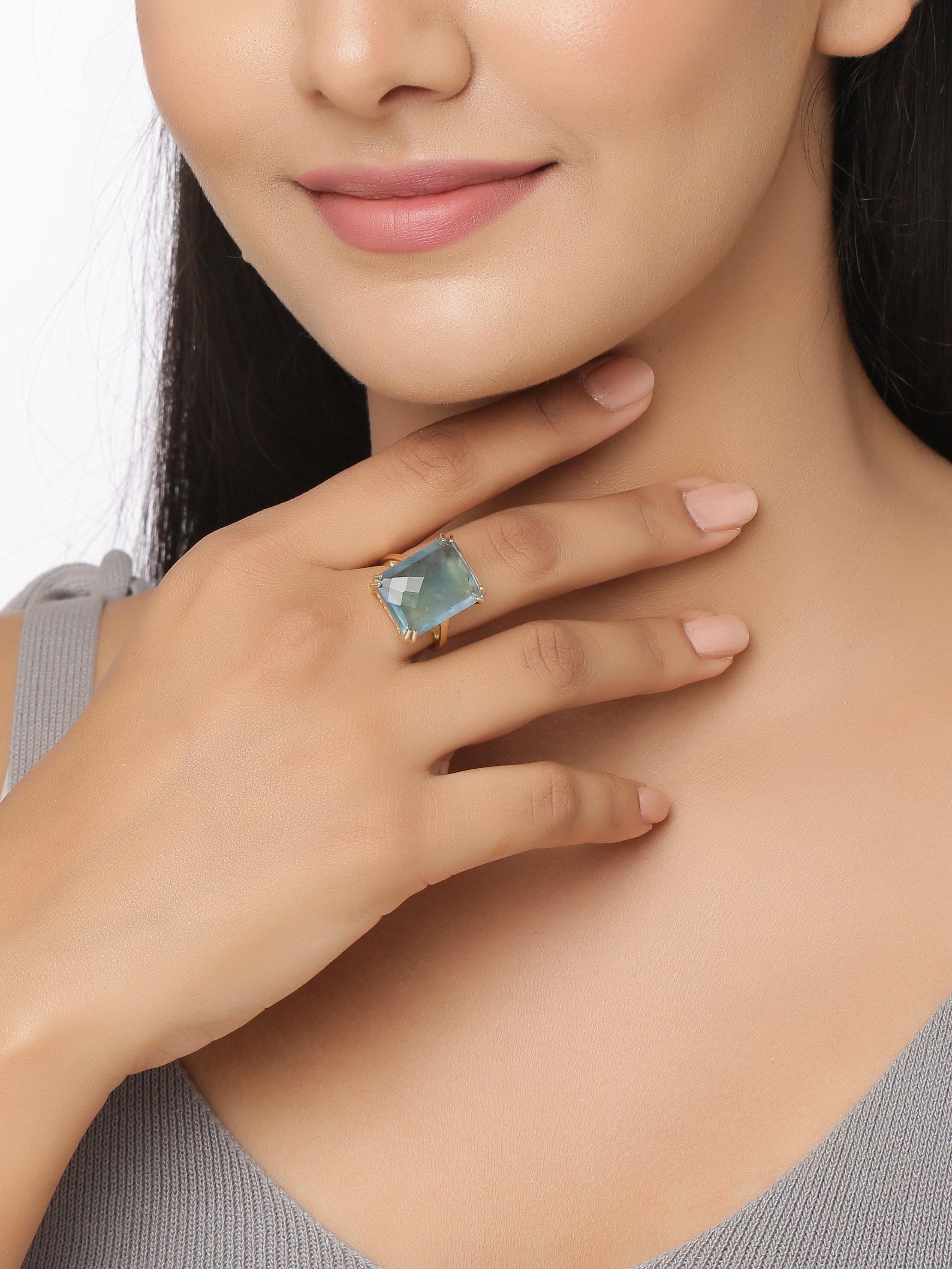 Blue Fluorite Solid 925 Sterling Silver Gold Plated Statement Ring Jewelry - YoTreasure