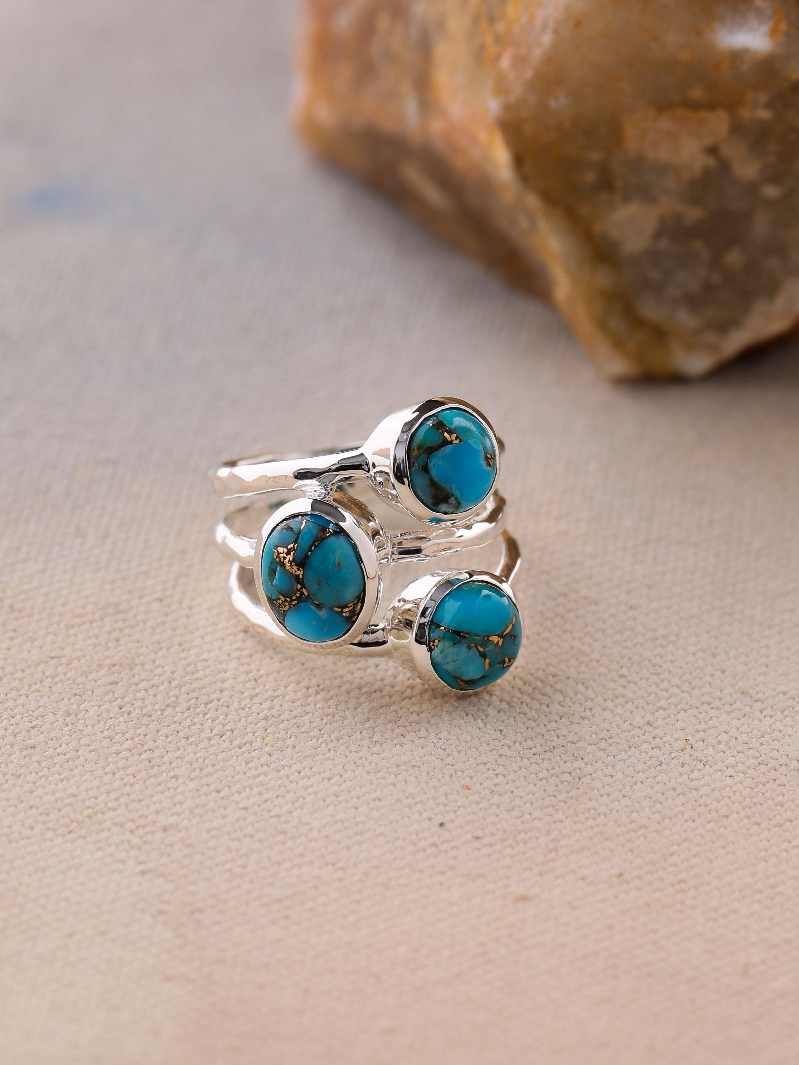 Blue Copper Turquoise Solid 925 Sterling Silver Bypass Ring Jewelry - YoTreasure