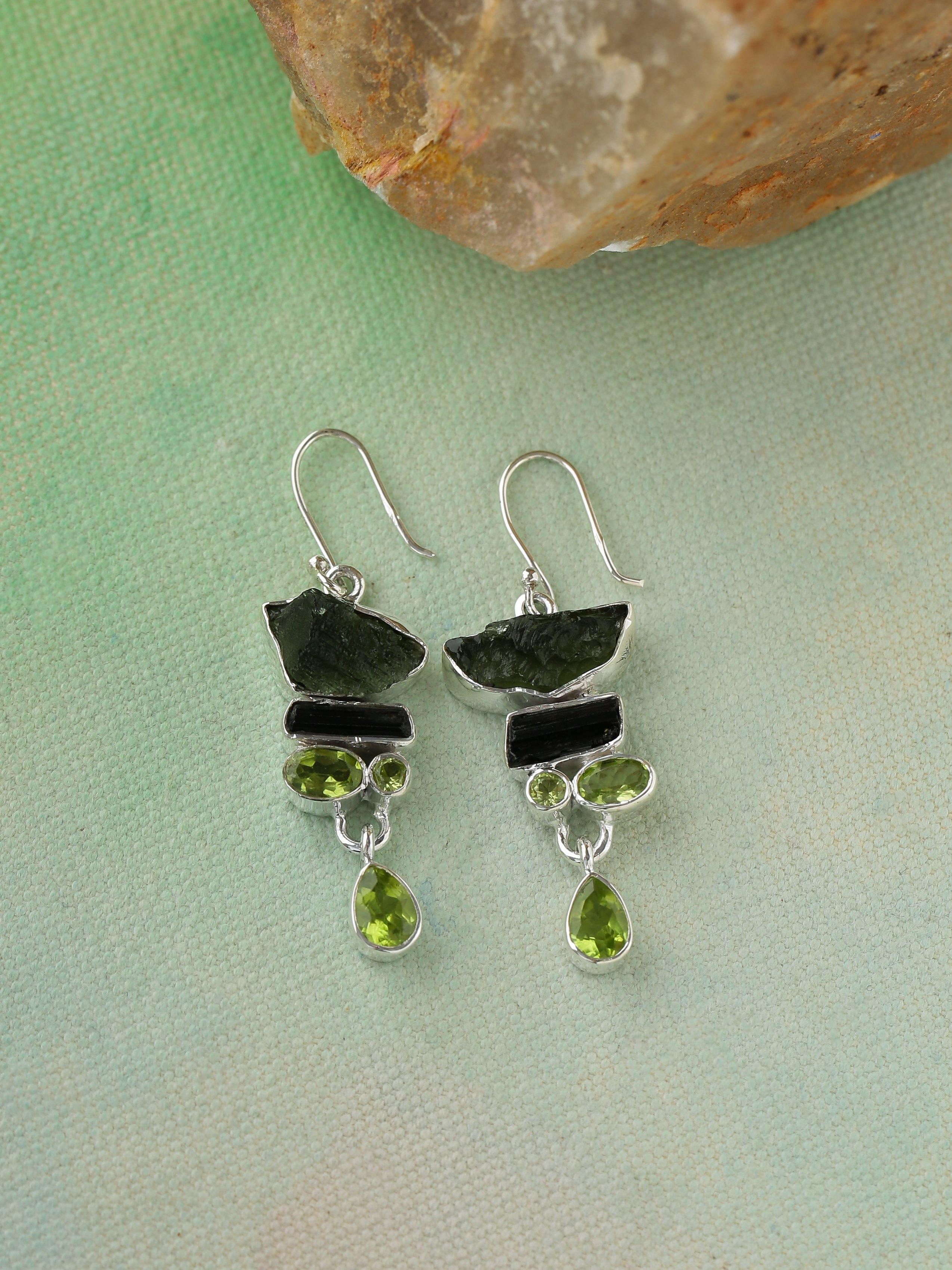 2" Moldavite Raw Tourmaline Solid 925 Sterling Silver Dangle Earrings Jewelry - YoTreasure