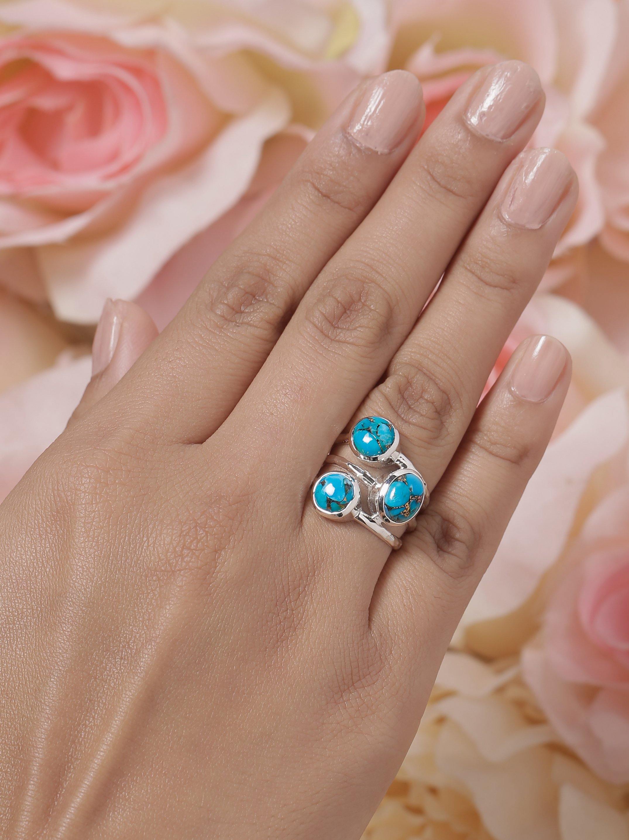 Blue Copper Turquoise Solid 925 Sterling Silver Bypass Ring Jewelry - YoTreasure
