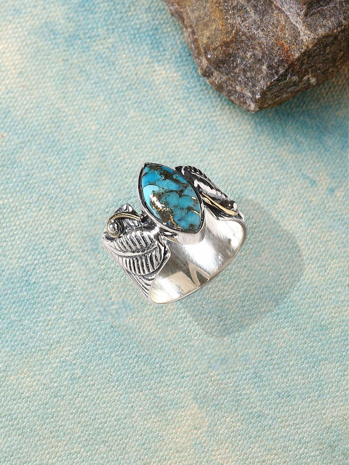 Blue Copper Turquoise Solid 925 Sterling Silver Brass Designer Ring Jewelry - YoTreasure