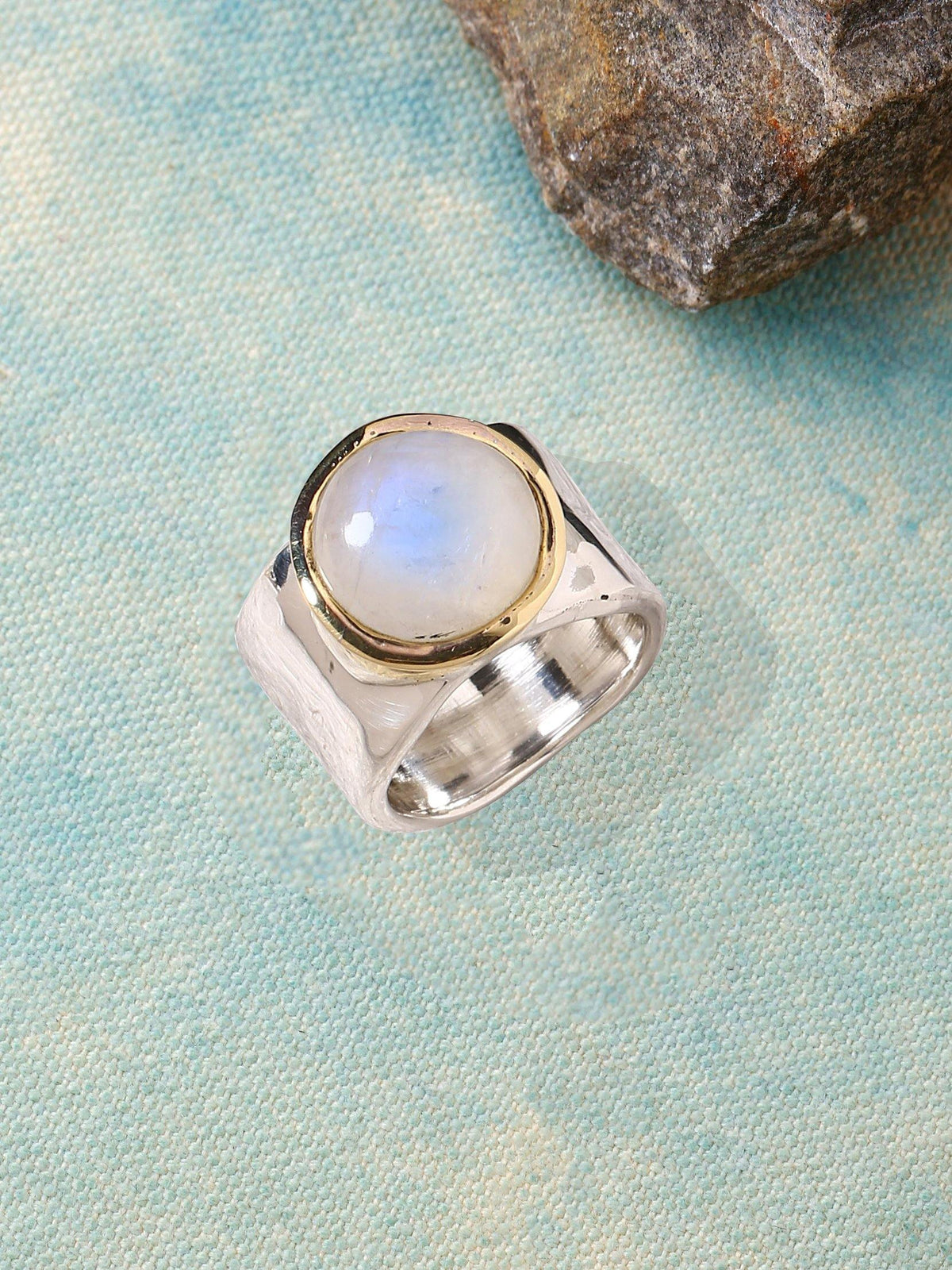 Moonstone Solid 925 Sterling Silver Brass Hammered Ring Jewelry - YoTreasure