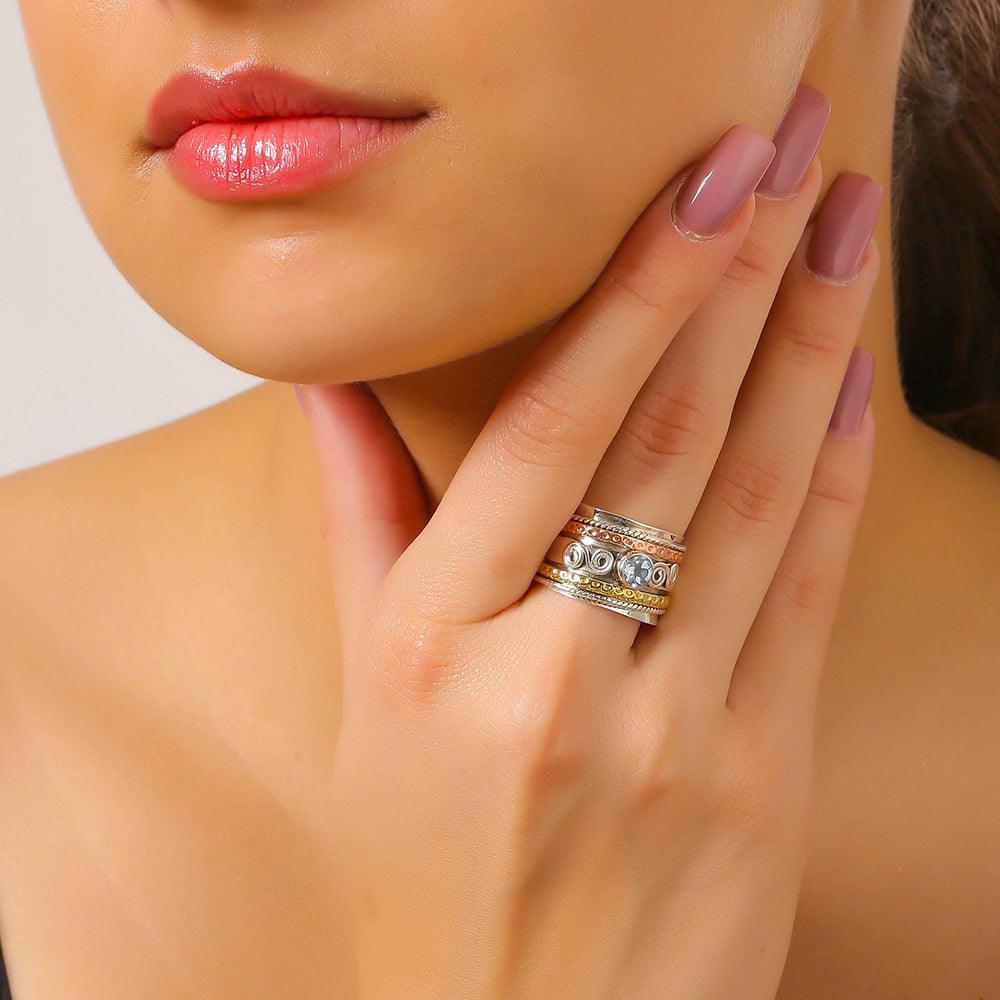 Natural Blue Topaz Solid 925 Sterling Silver Brass Copper Meditation Spinning Ring Jewelry - YoTreasure