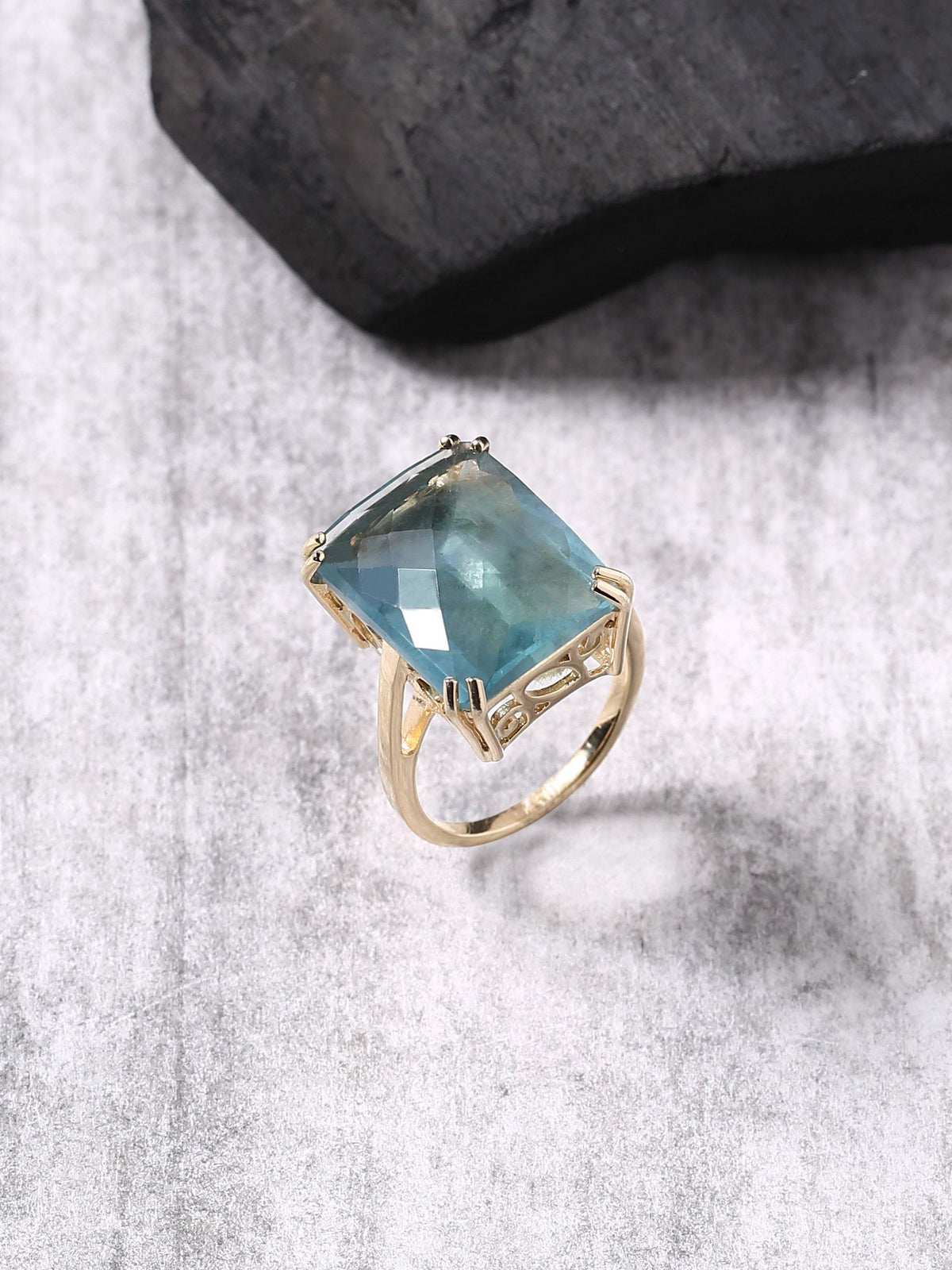 Blue Fluorite Solid 925 Sterling Silver Gold Plated Statement Ring Jewelry - YoTreasure