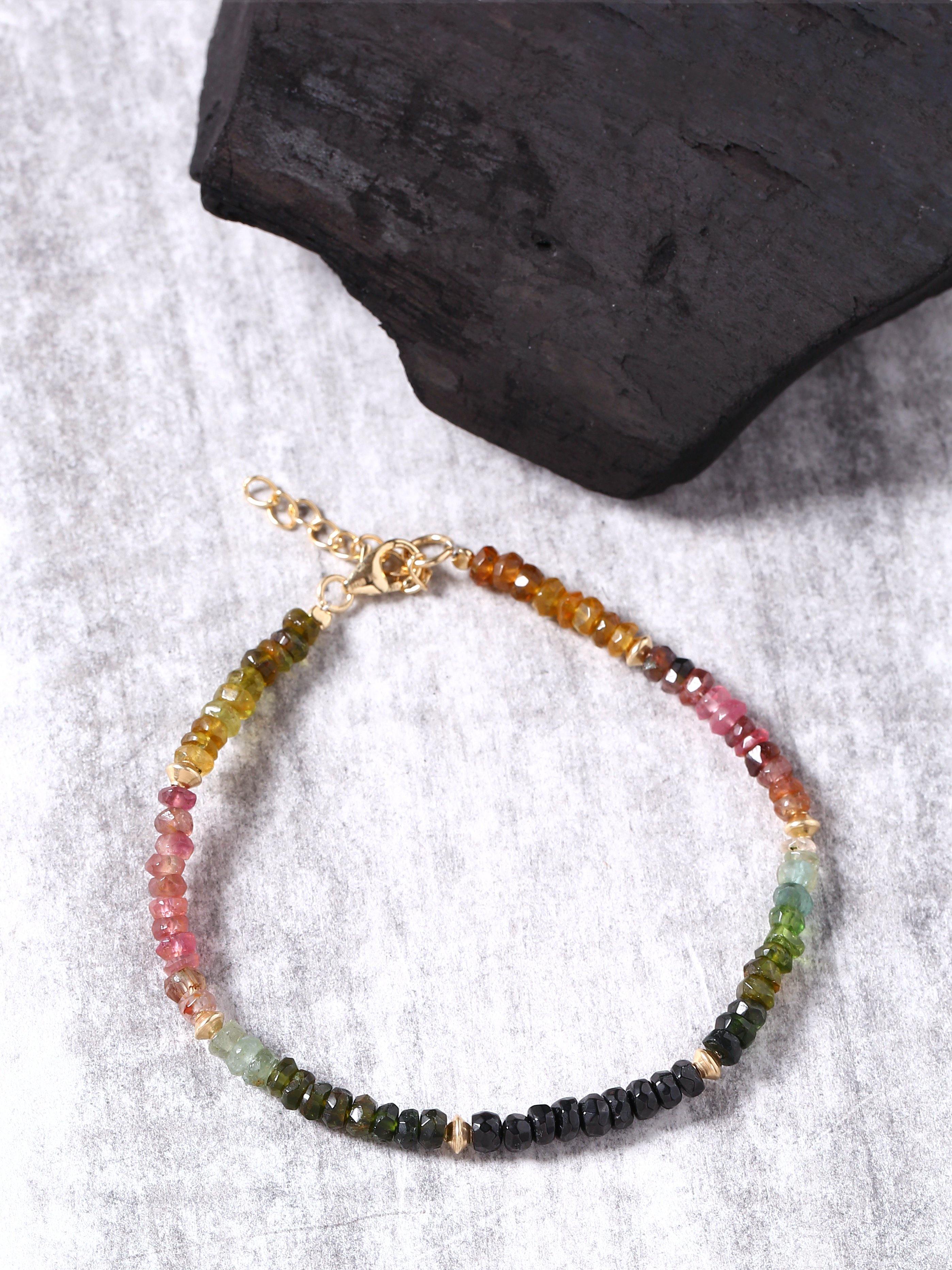 Multi Tourmaline Solid 925 Sterling Silver Gold Plated Link Chain Bracelet 8" - YoTreasure