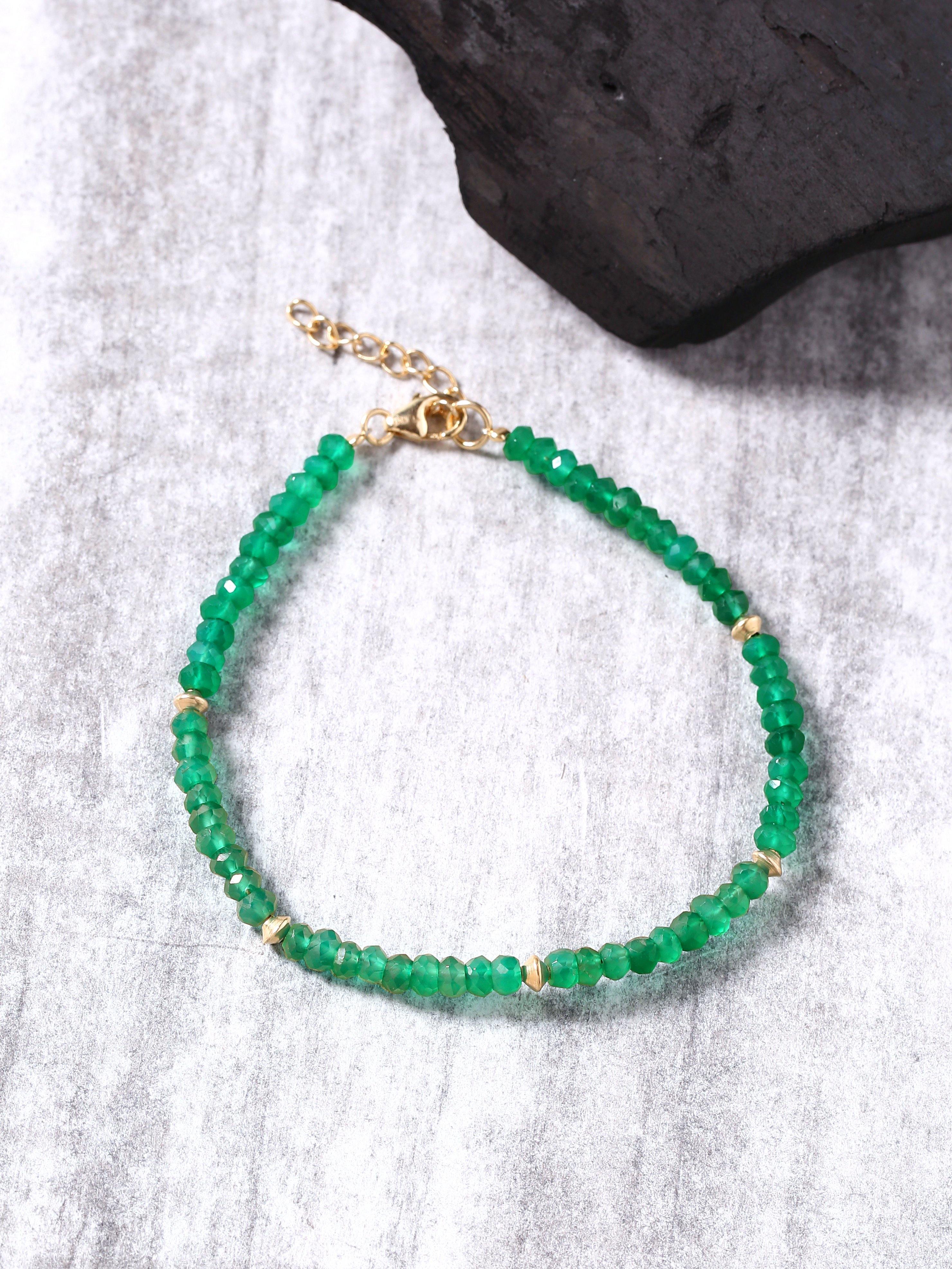 Green Onyx Solid 925 Sterling Silver Gold Plated Link Chain Bracelet 8" - YoTreasure