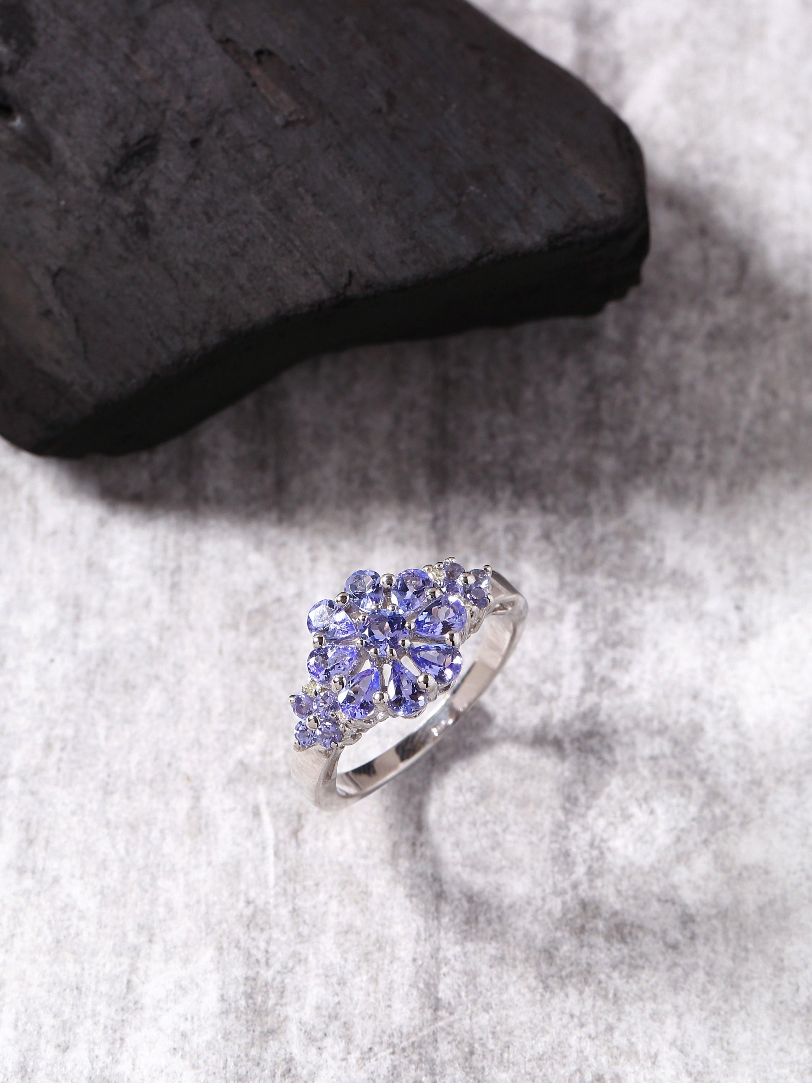 Blue Tanzanite Solid 925 Sterling Silver Flower Cluster Ring Jewelry - YoTreasure