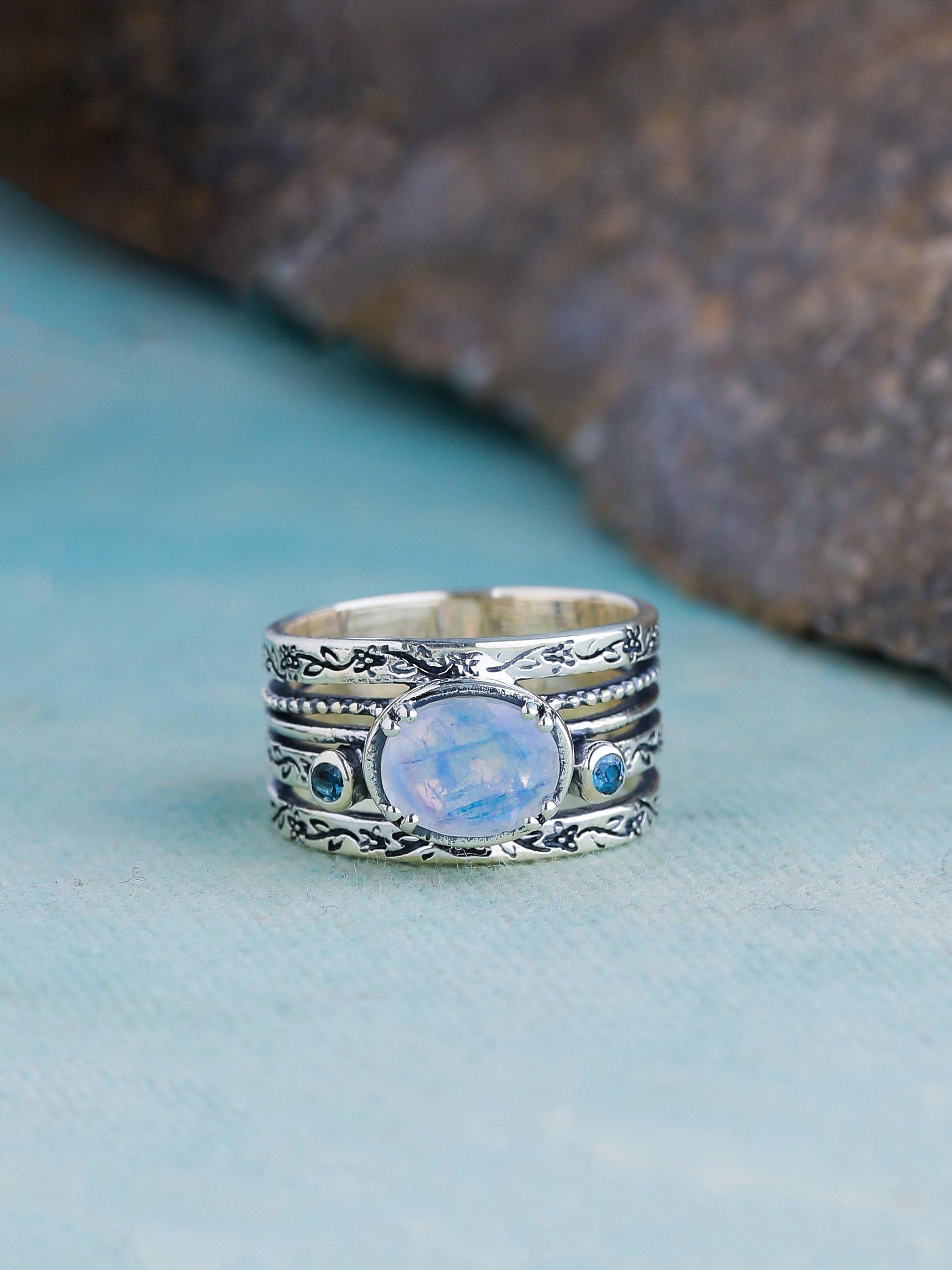 Moonstone London Blue Topaz Solid 925 Sterling Silver Ring - YoTreasure
