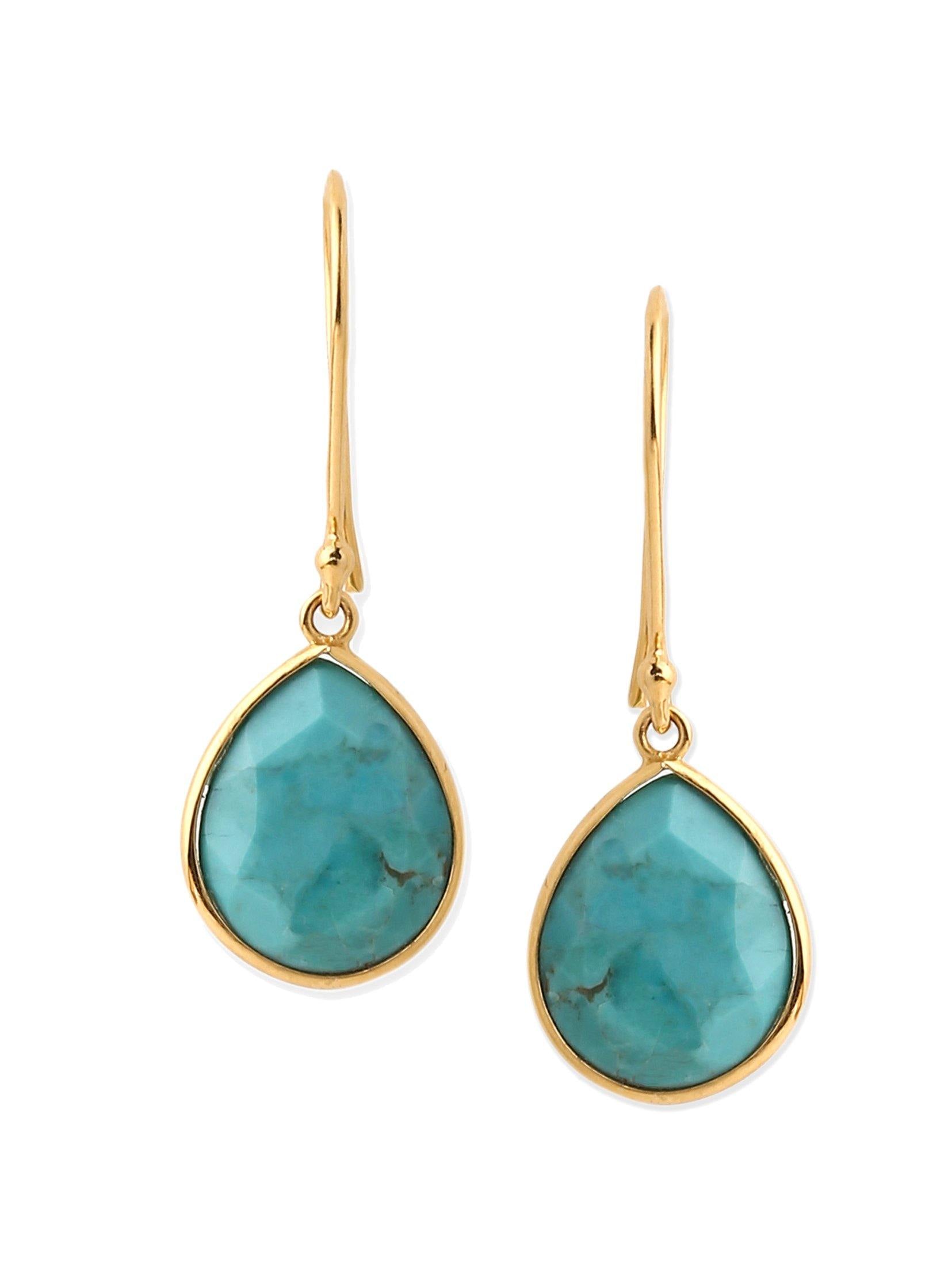 6.46 Ct Turquoise Solid 10k Yellow Gold Teardrop Dangle Earrings - YoTreasure