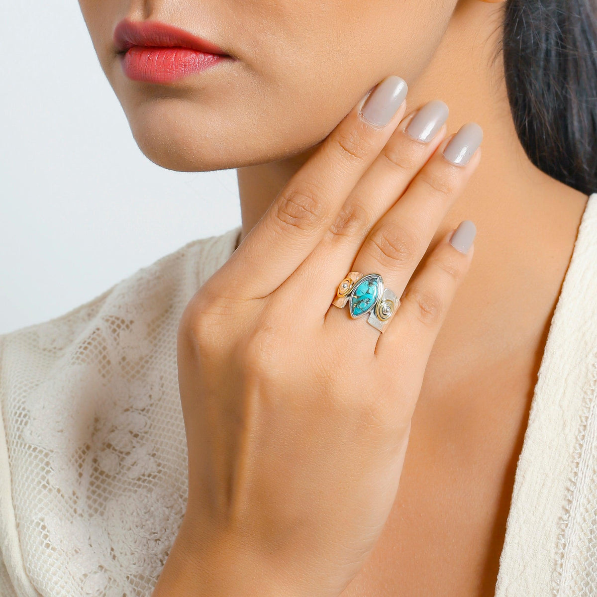 Blue Copper Turquoise Solid 925 Sterling Silver Brass Hammered Ring Jewelry - YoTreasure