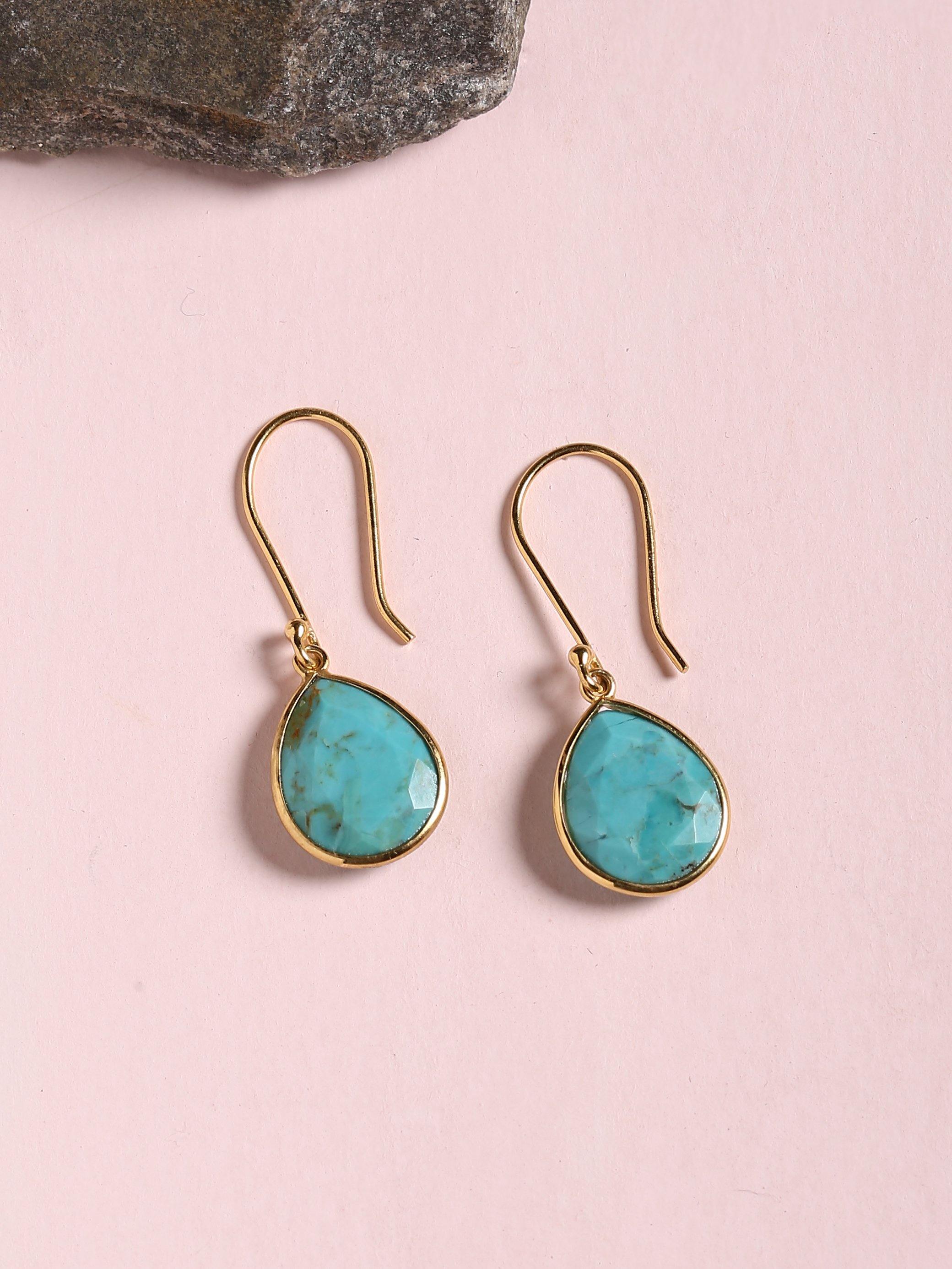 6.46 Ct Turquoise Solid 10k Yellow Gold Teardrop Dangle Earrings - YoTreasure