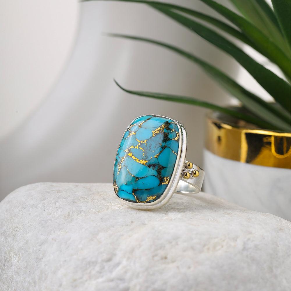 Blue Copper Turquoise Statement Ring 925 Sterling Silver With Brass Accents - YoTreasure