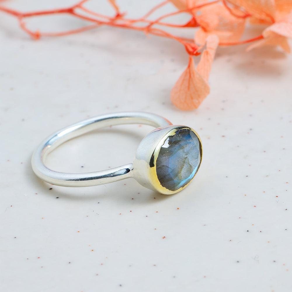 Labradorite Solitaire Ring 14K Gold Plated Over 925 Silver Jewelry - YoTreasure