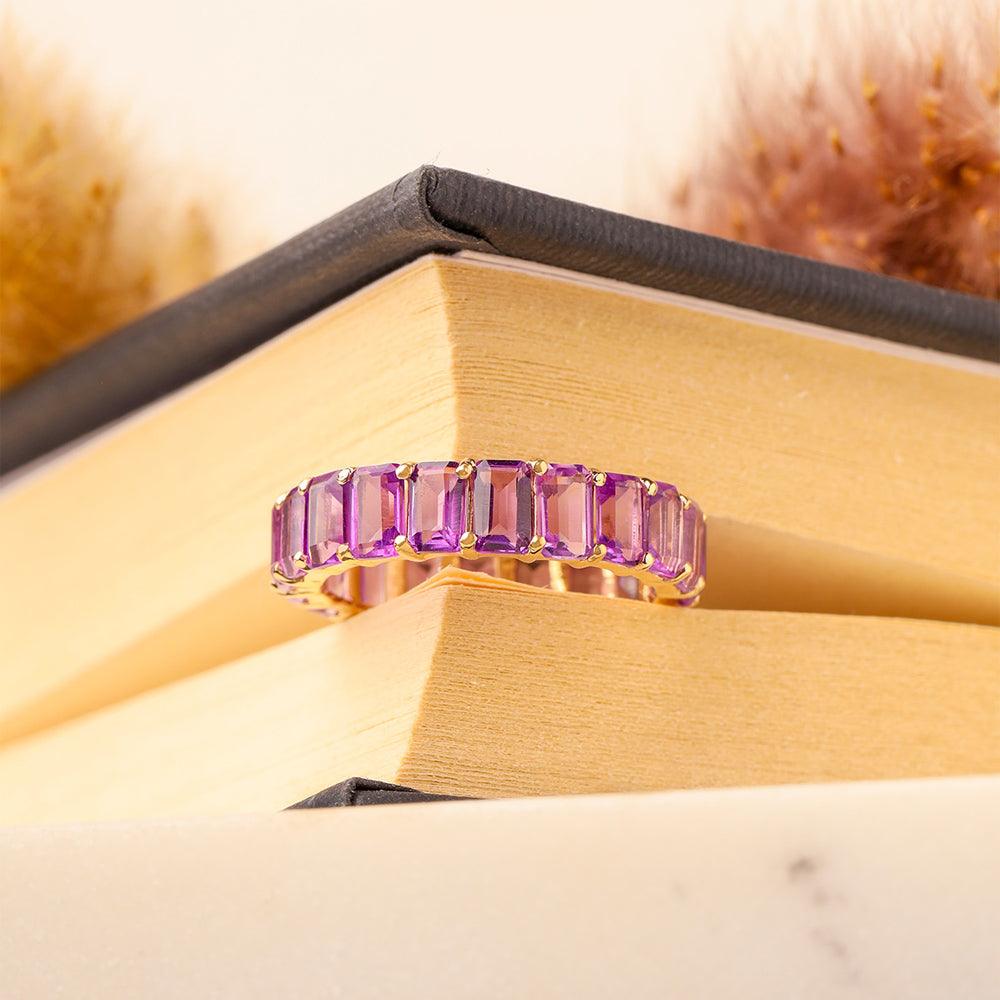 Purple Amethyst Solid 14K Yellow Gold Eternity Wedding Band Ring Jewelry - YoTreasure
