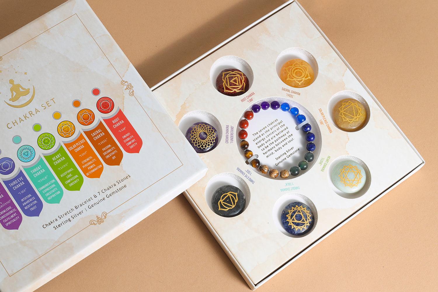 Chakra Stretch Bracelet & 7 Spiritual Energy Crystals Gift Box Set in Sterling Silver - YoTreasure