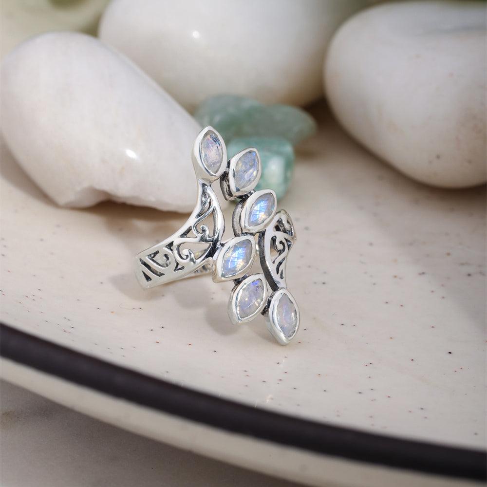 Rainbow Moonstone Solid 925 Sterling Silver Leaf Design Ring Jewelry - YoTreasure