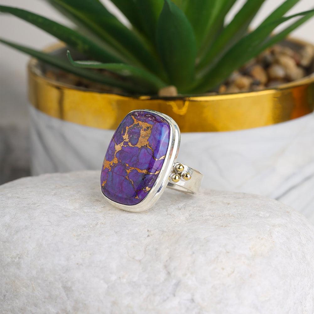 Purple Copper Turquoise Statement Ring 925 Sterling Silver With Brass Accents - YoTreasure