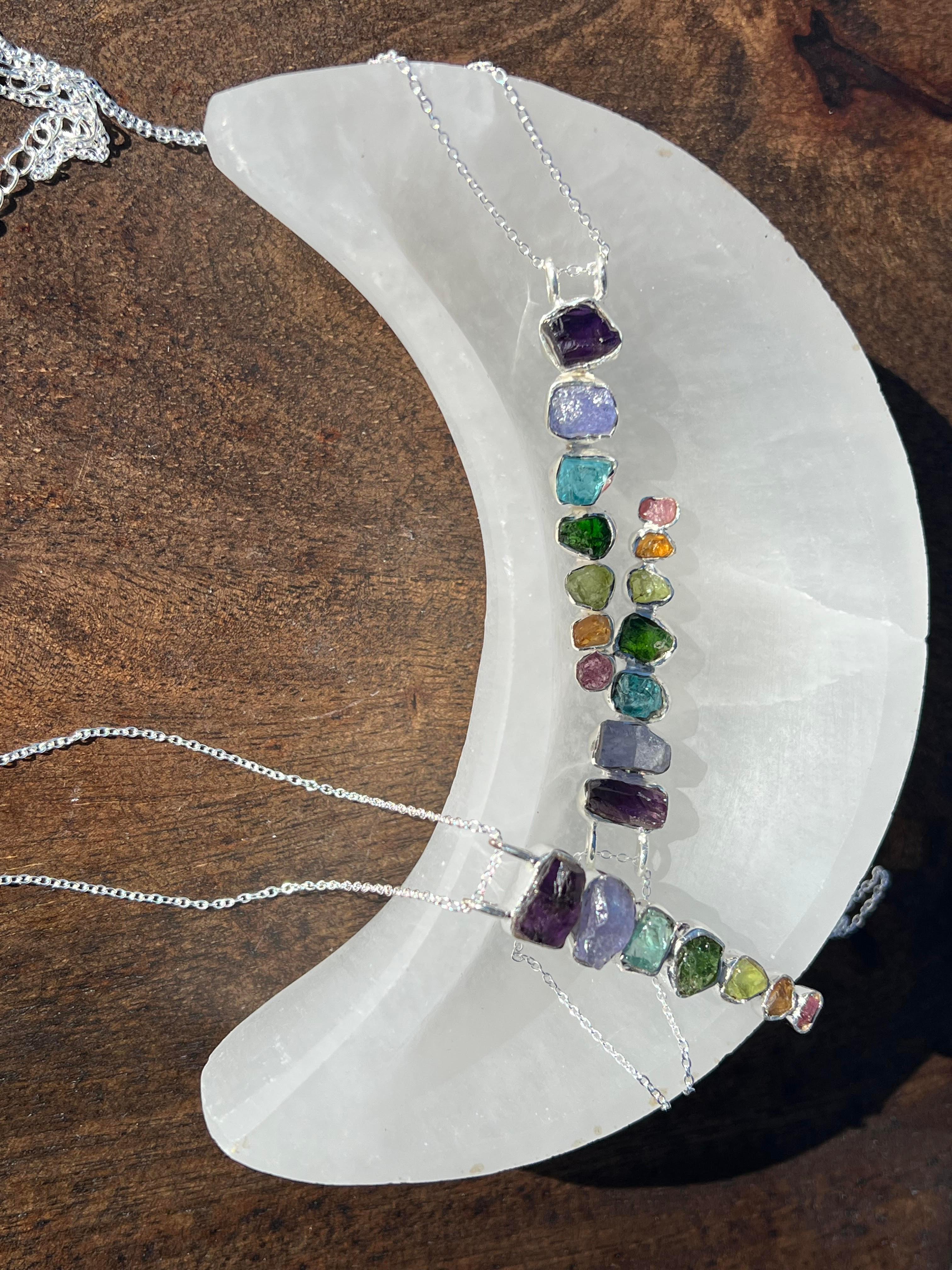 Healing Stone Crystal Bowls Natural Moon Selenite With 7 Stone Chakra 925 Sterling Silver Chain Pendant - YoTreasure