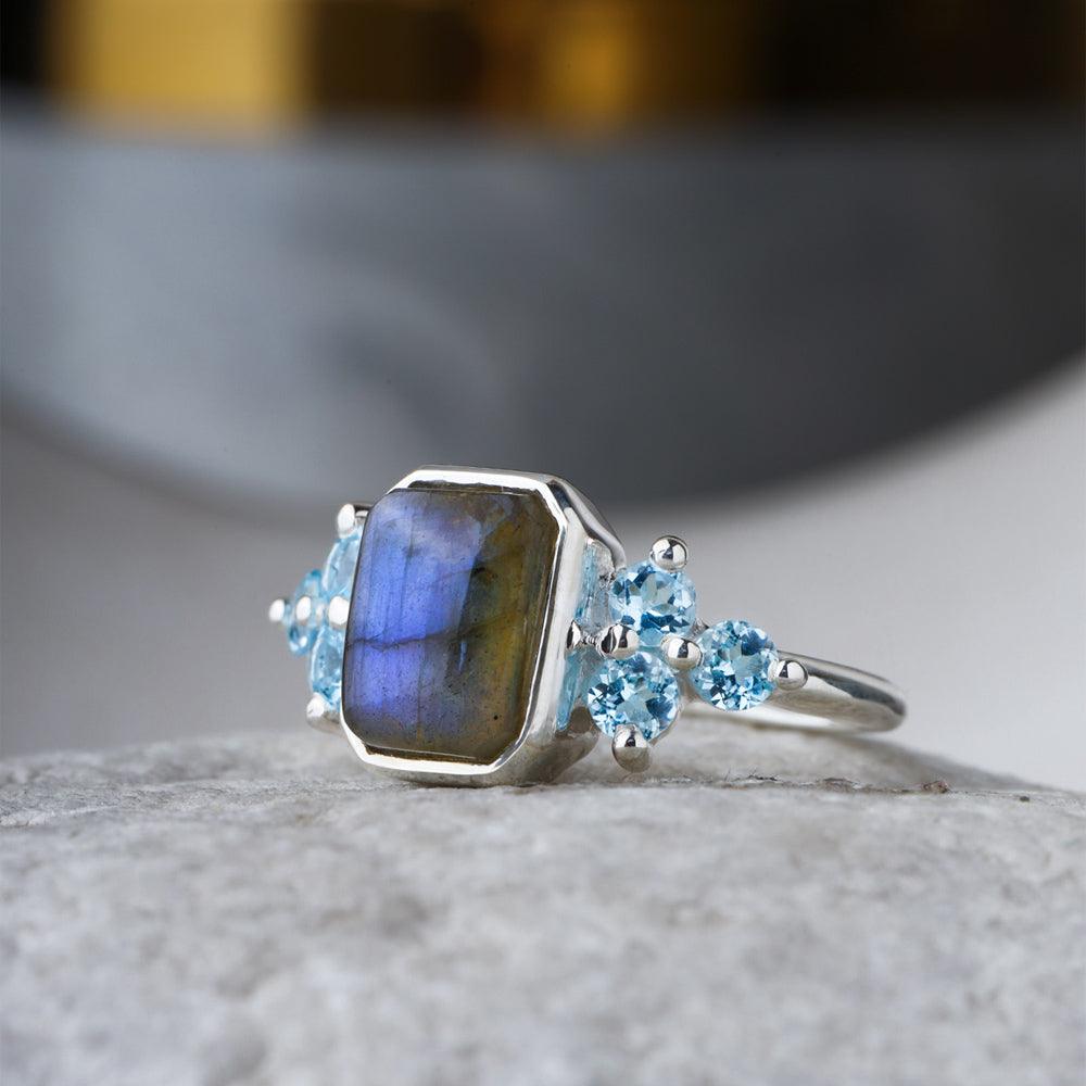 Labradorite Swiss Blue Topaz Solid 925 Sterling Silver Promise Ring - YoTreasure