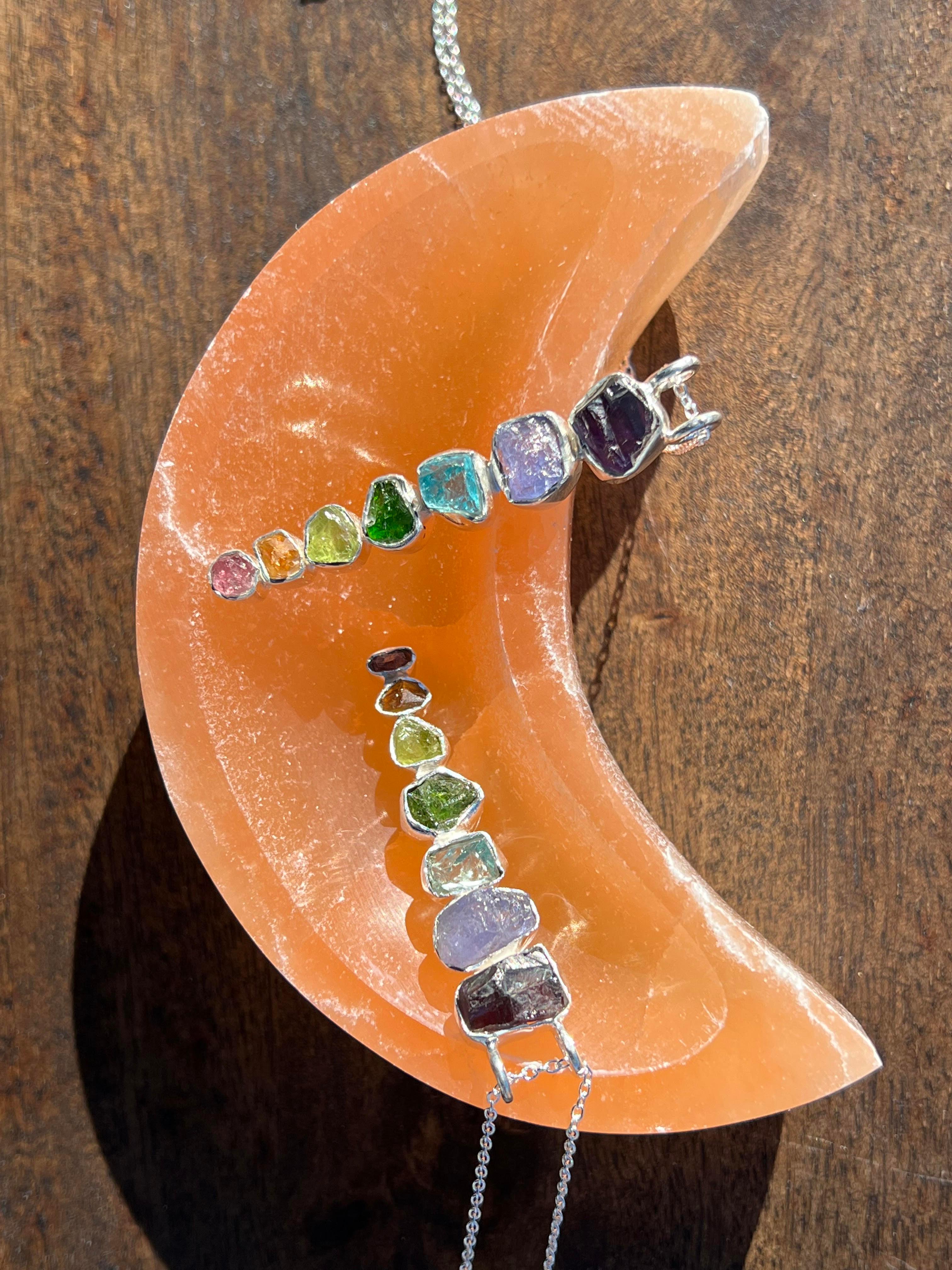 Healing Ability Crystal Bowls Natural Orange Moon Selenite With 7 Stone Chakra 925 Sterling Silver Chain Pendant - YoTreasure