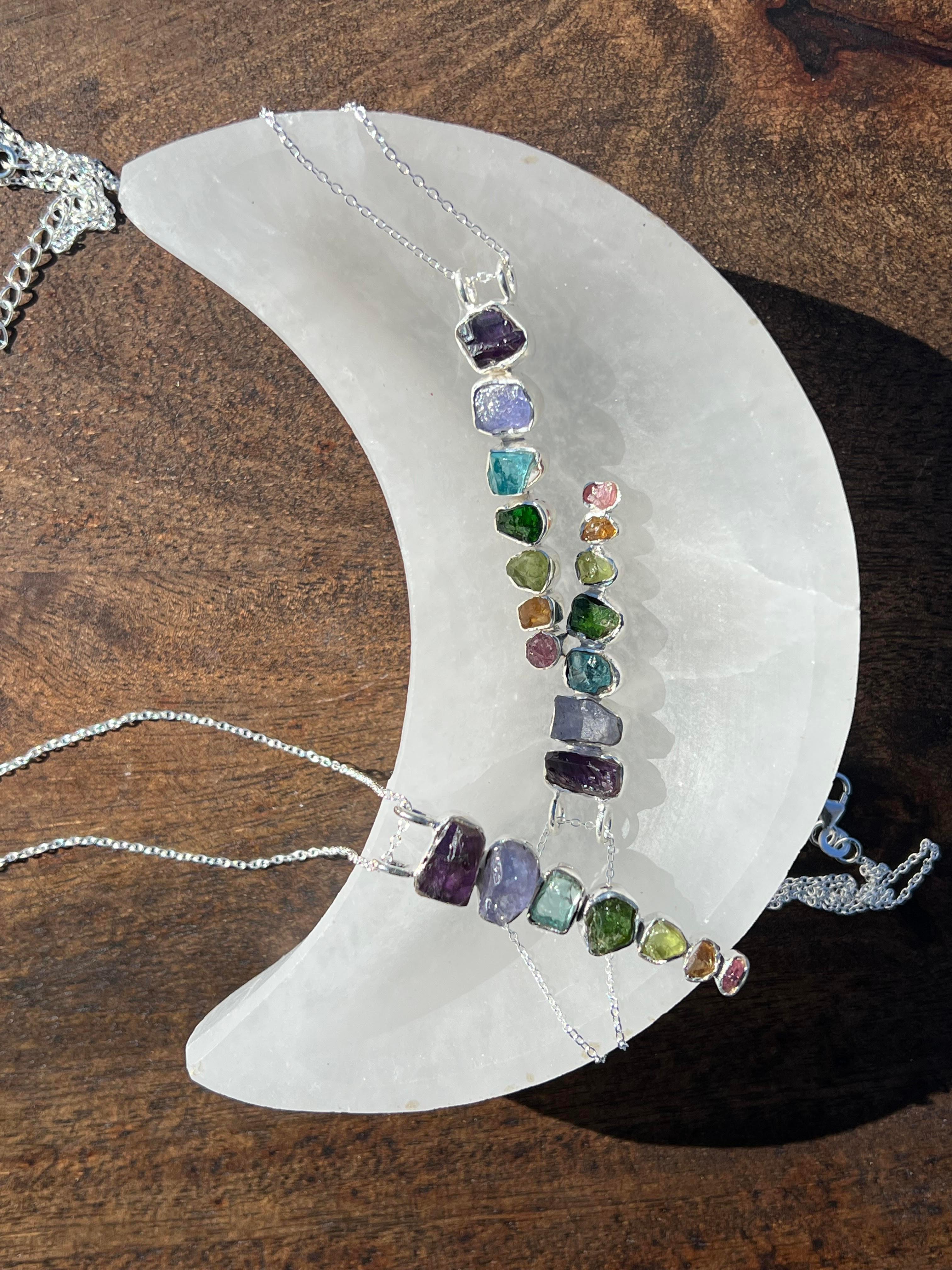 Healing Stone Crystal Bowls Natural Moon Selenite With 7 Stone Chakra 925 Sterling Silver Chain Pendant - YoTreasure