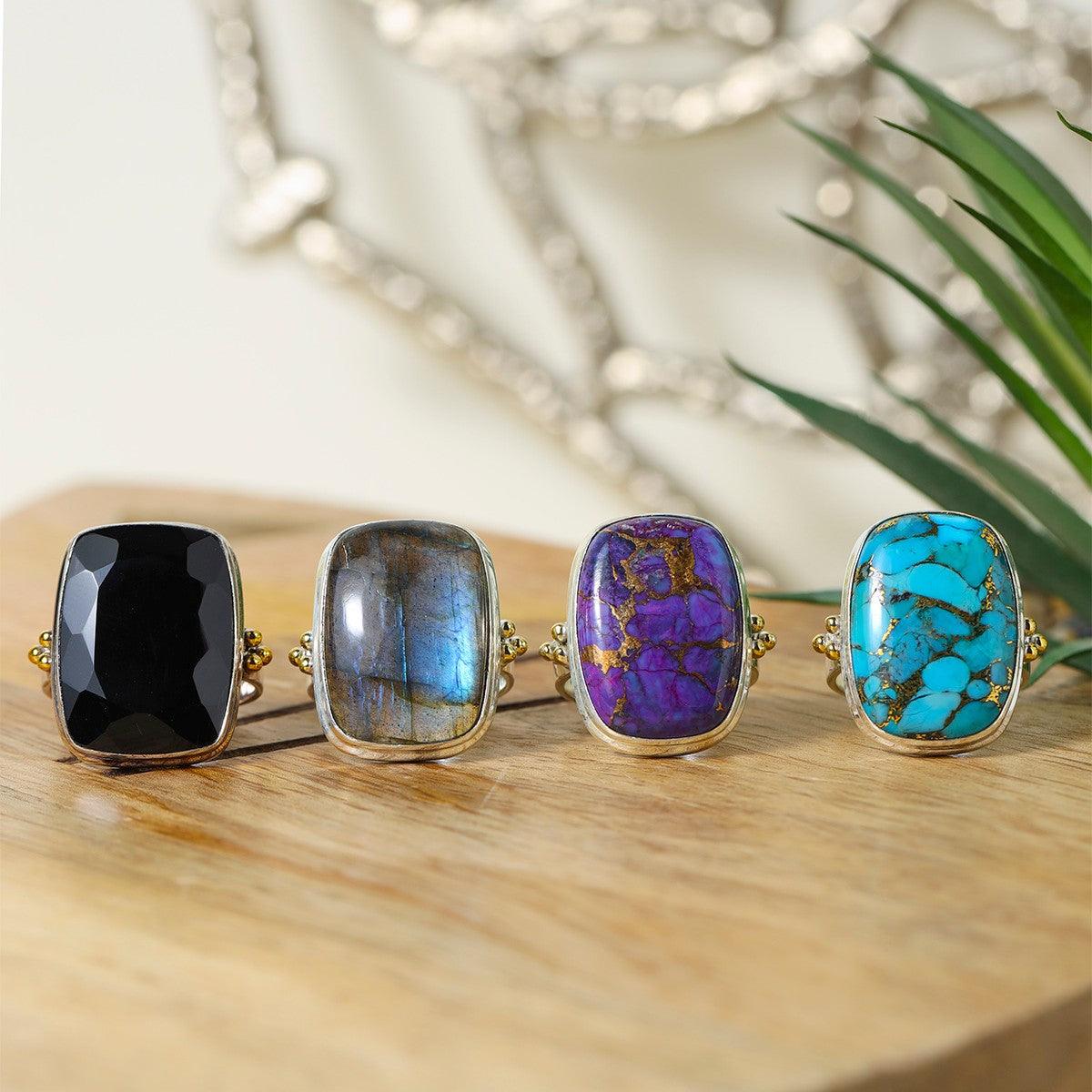 Purple Copper Turquoise Statement Ring 925 Sterling Silver With Brass Accents - YoTreasure