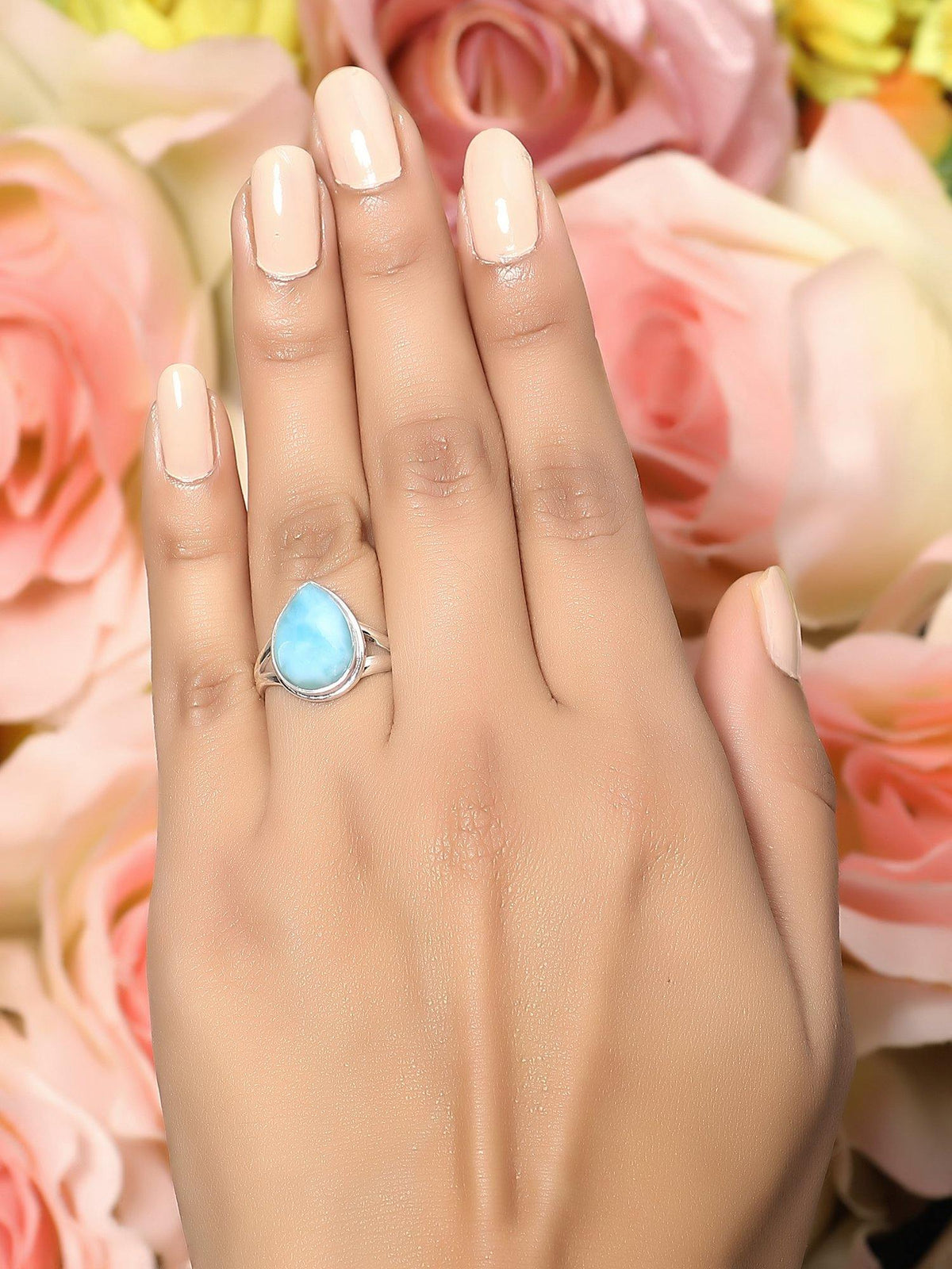 Larimar Solid 925 Sterling Silver Teardrop Split Shank Ring - YoTreasure