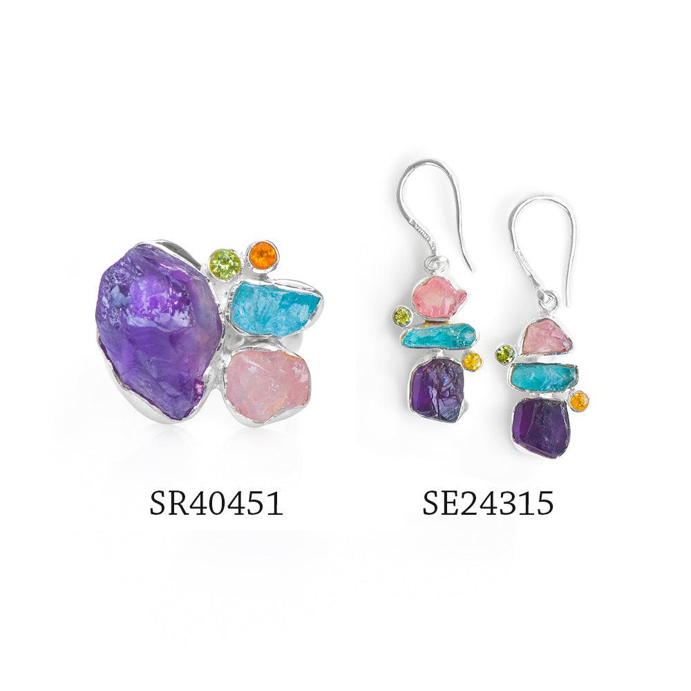 Raw Multi Gemstone Solid 925 Sterling Silver Dangle Earrings Jewelry - YoTreasure