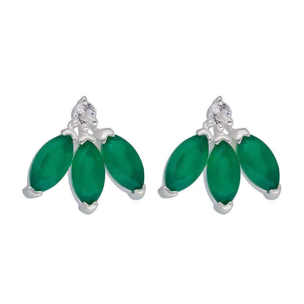 Green Onyx White Topaz Solid 925 Sterling Silver half flower Stud Earrings - YoTreasure