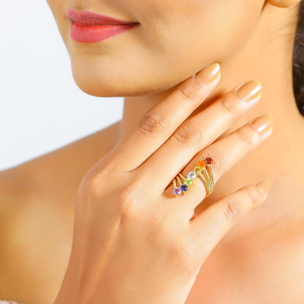 Chakra Stone Solid 925 Sterling Silver Gold Plated Bypass Ring - YoTreasure