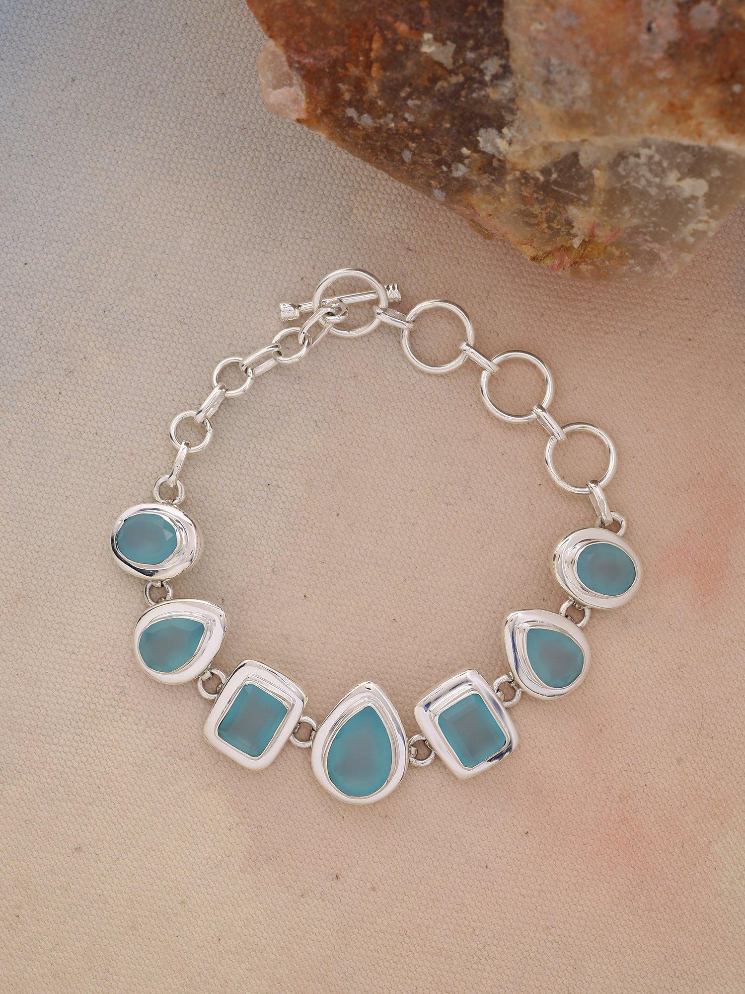 Aqua Chalcedony Solid 925 Sterling Silver Link Chain Bracelet Jewelry - YoTreasure