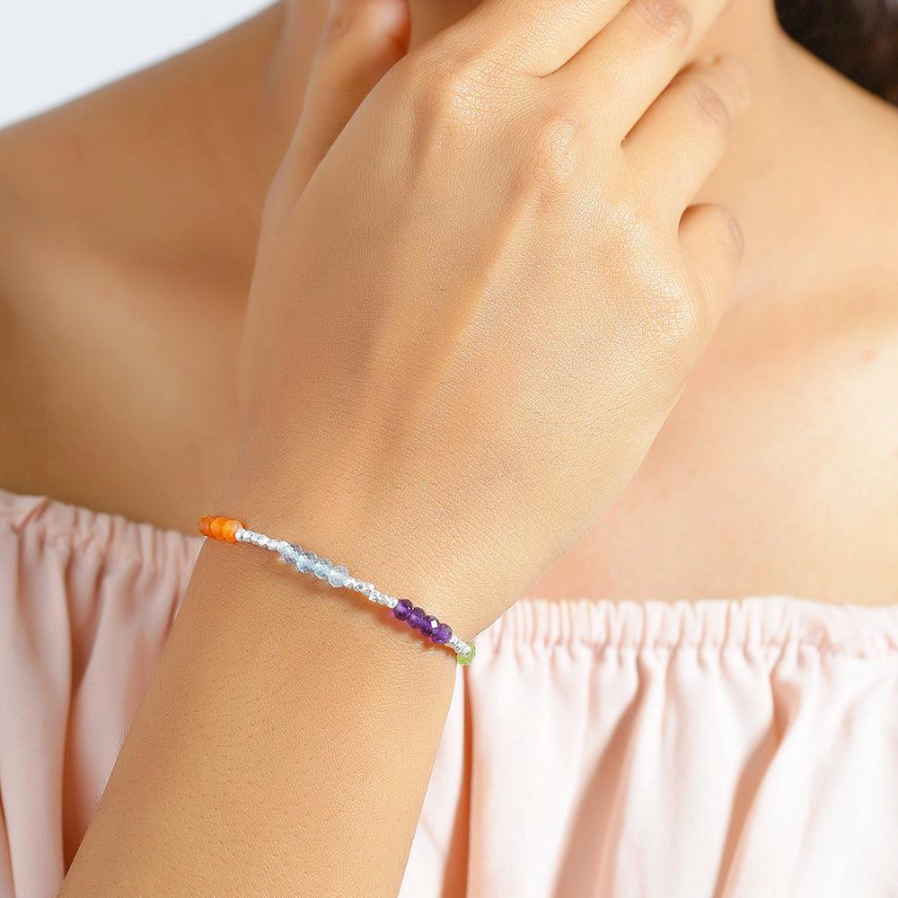 Chakra Stone Solid 925 Sterling Silver Beaded Link Chain Bracelet 8" - YoTreasure