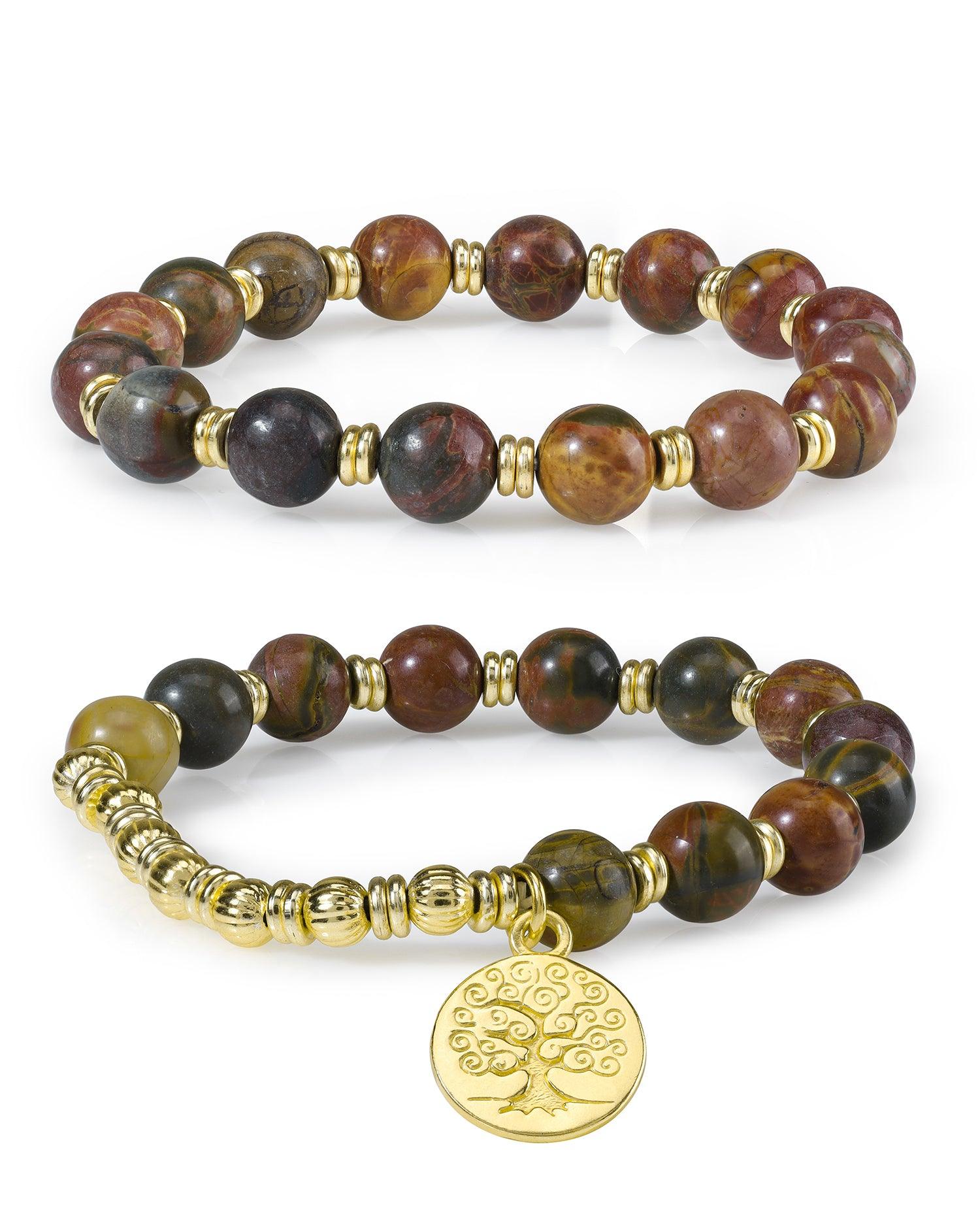Picasso Jasper Tree of Life Charm Stretchable Beaded Bracelet Brass Gemstone Jewelry - YoTreasure