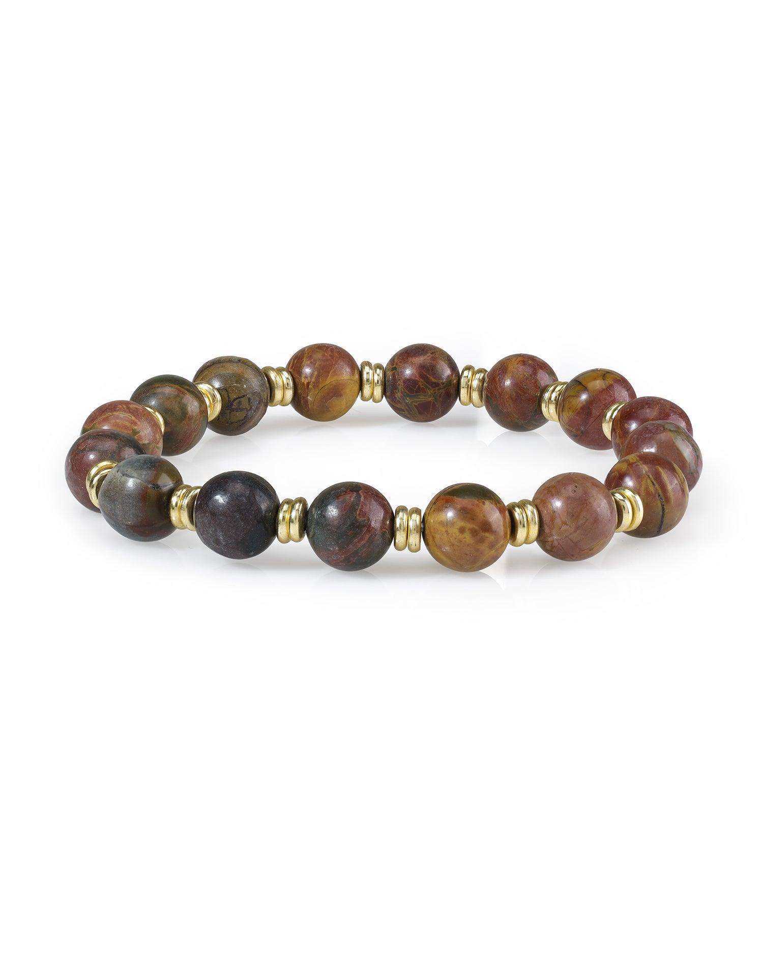Picasso Jasper Tree of Life Charm Stretchable Beaded Bracelet Brass Gemstone Jewelry - YoTreasure