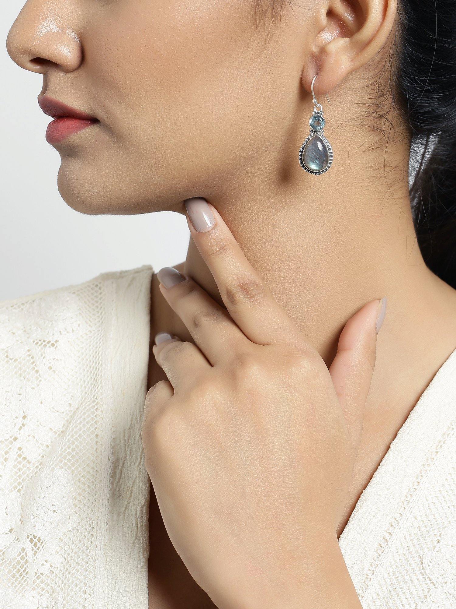 Labradorite Blue Topaz Solid 925 Sterling Silver Teardrop Earrings Jewelry - YoTreasure