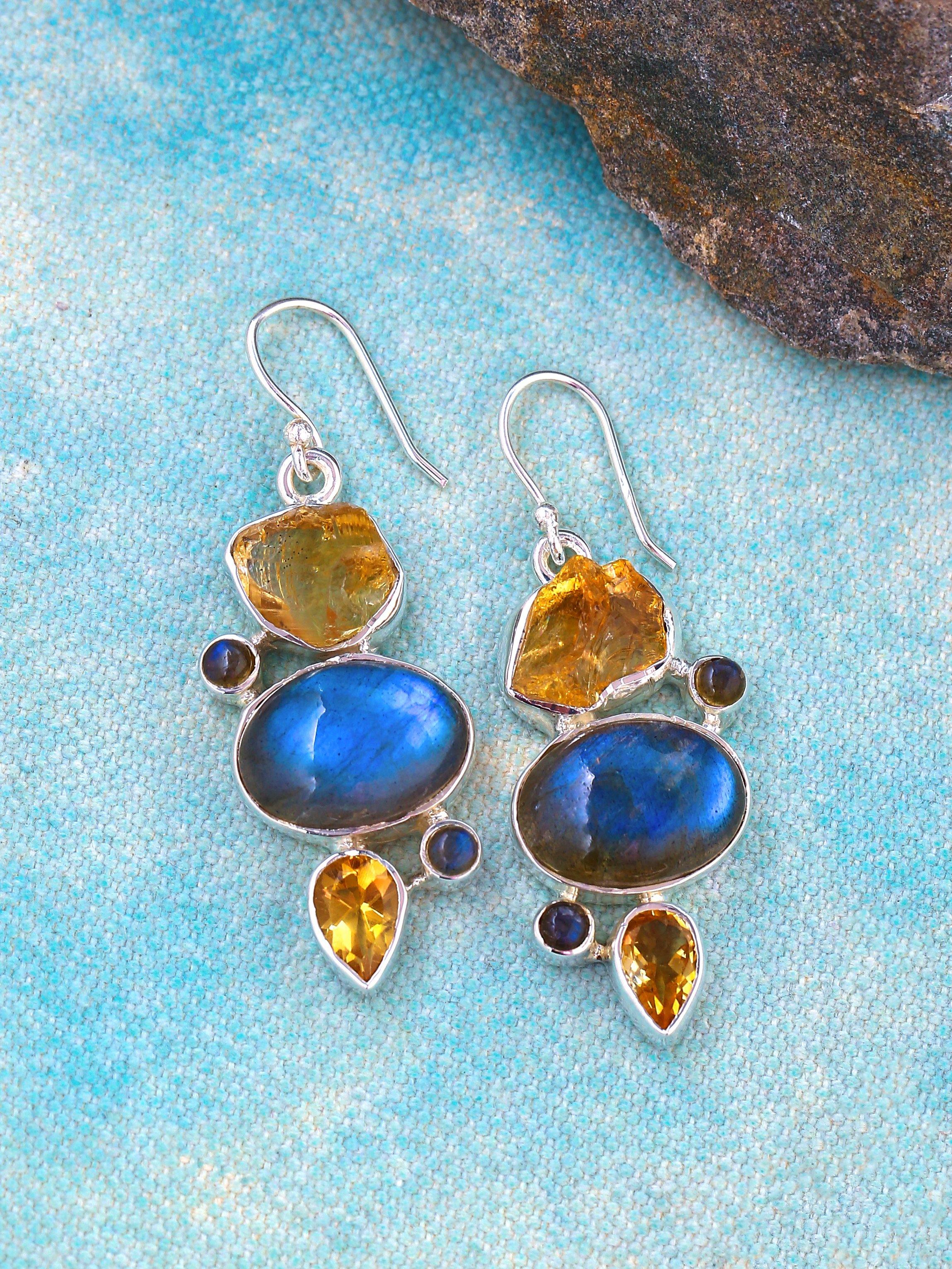 Rough Citrine Labradorite Citrine Solid 925 Sterling Silver Dangle Earrings Jewelry - YoTreasure