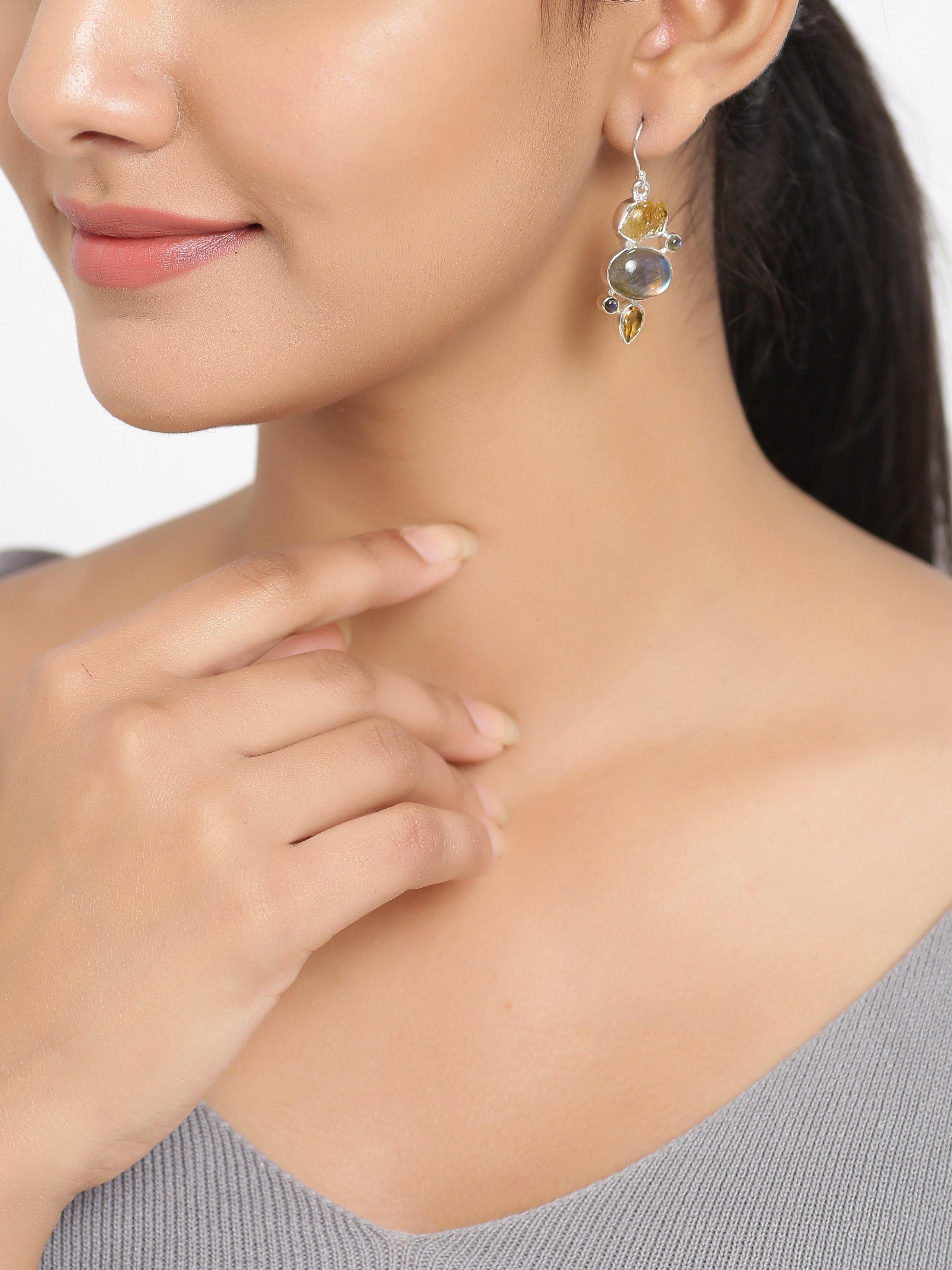 Rough Citrine Labradorite Citrine Solid 925 Sterling Silver Dangle Earrings Jewelry - YoTreasure