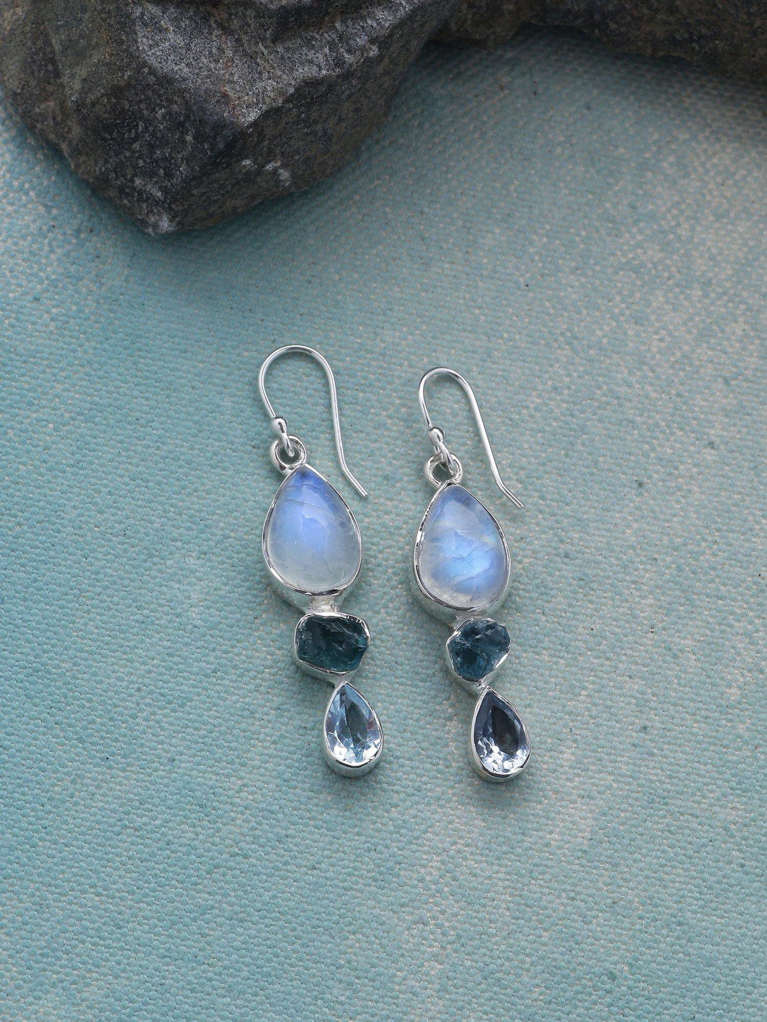 Rainbow Moonstone Solid 925 Sterling Silver Dangle Earrings Jewelry - YoTreasure